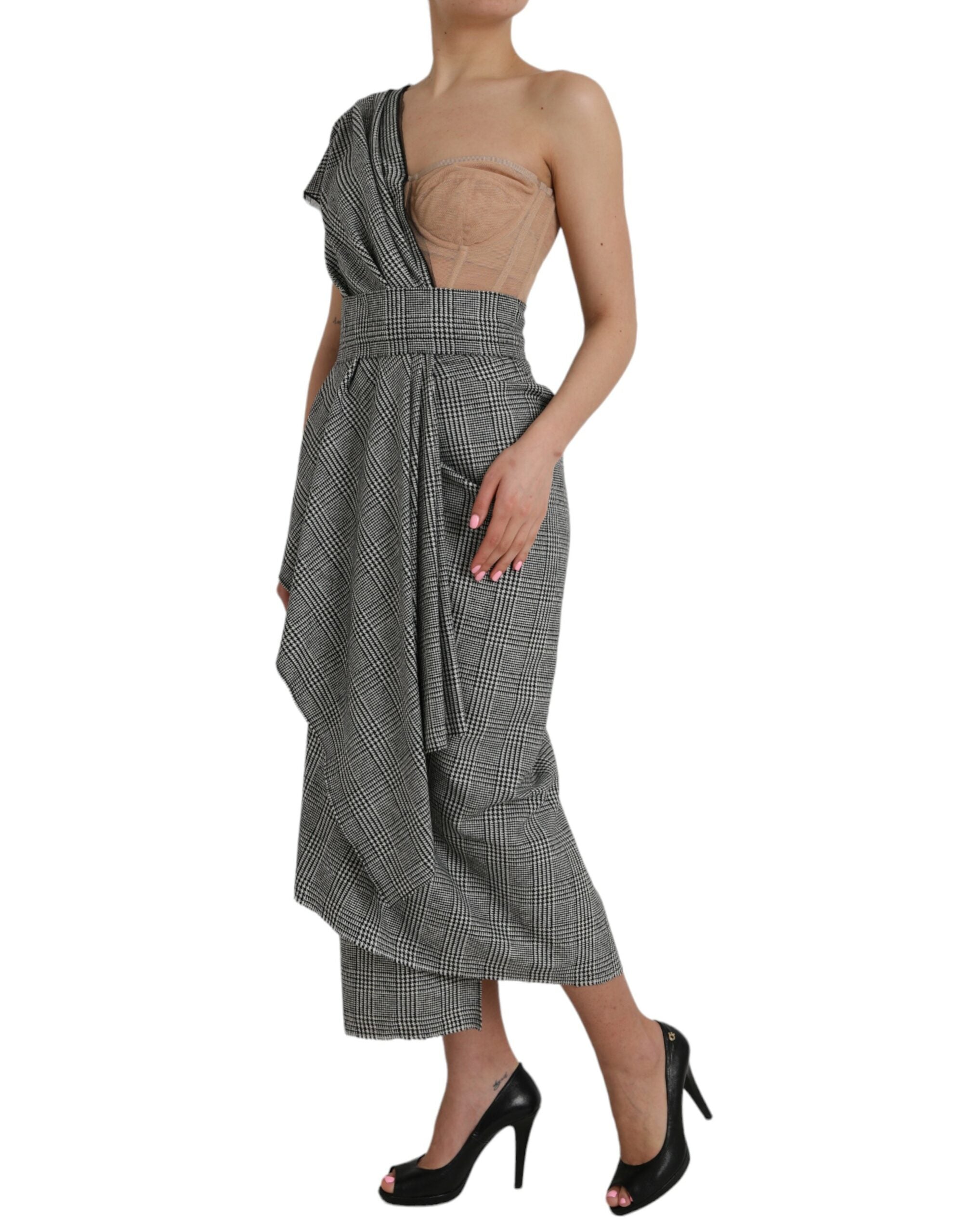 Dolce &amp; Gabbana Grau-Beige mehrlagiges Maxikleid mit einer Schulter