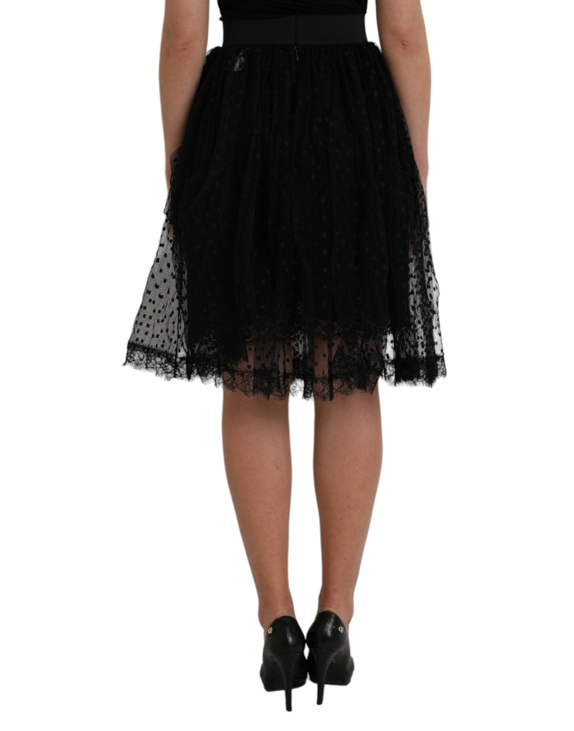 Dolce &amp; Gabbana – Schwarzer A-Linien-Rock mit hoher Taille und Spitzenbesatz aus Nylon