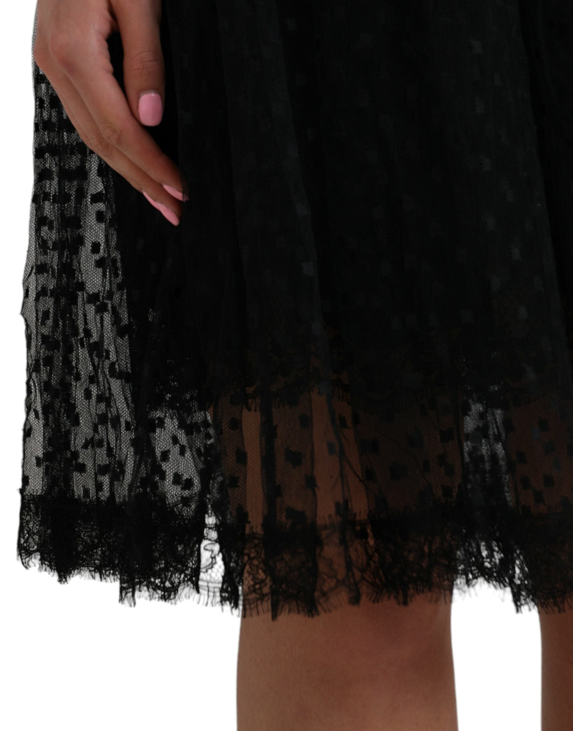 Dolce &amp; Gabbana – Schwarzer A-Linien-Rock mit hoher Taille und Spitzenbesatz aus Nylon