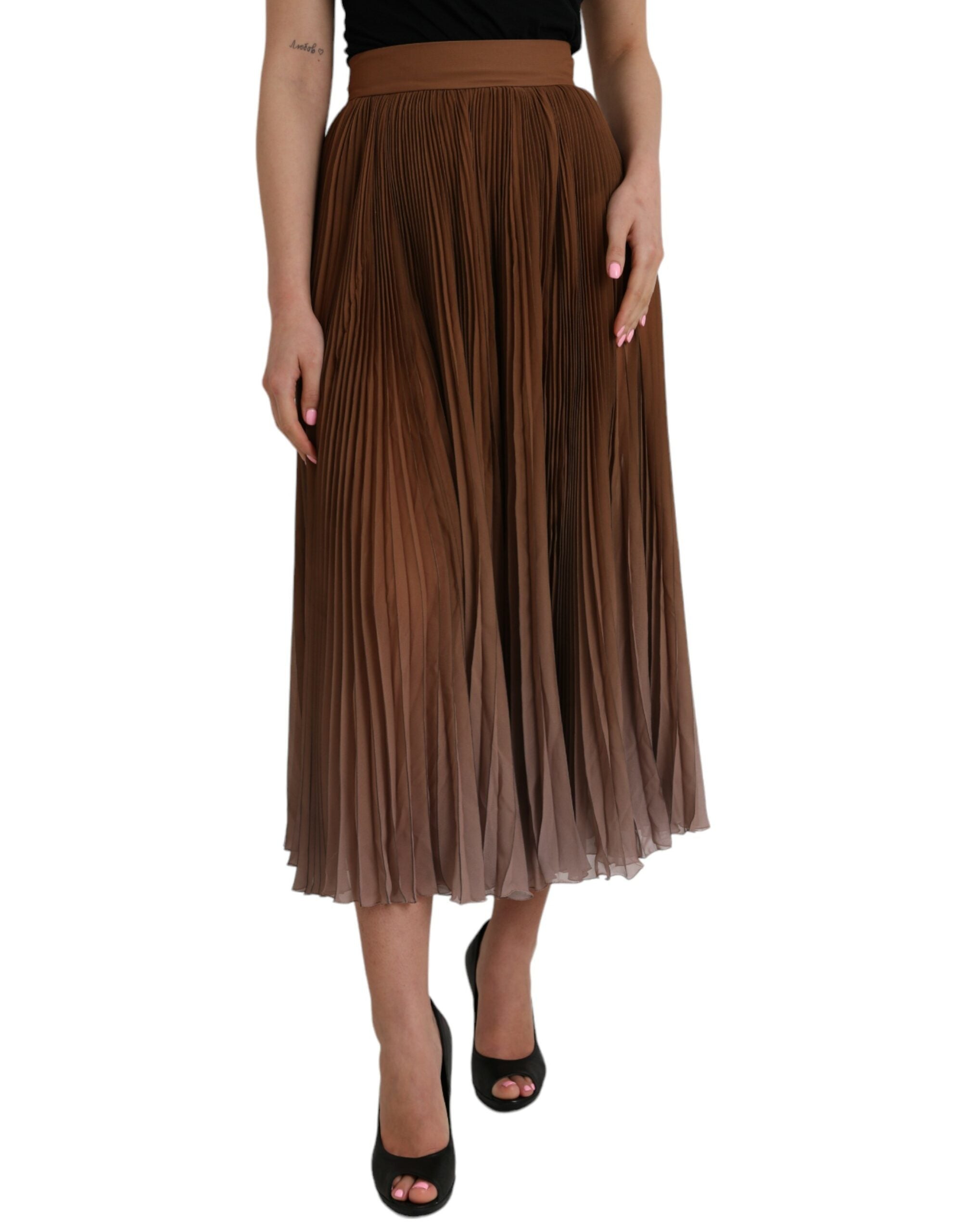 Dolce &amp; Gabbana – Brauner, plissierter Midirock aus Polyester mit hoher Taille