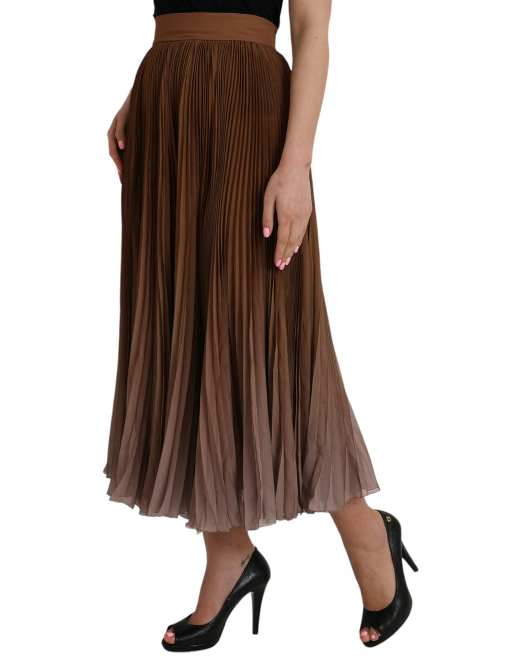 Dolce &amp; Gabbana – Brauner, plissierter Midirock aus Polyester mit hoher Taille