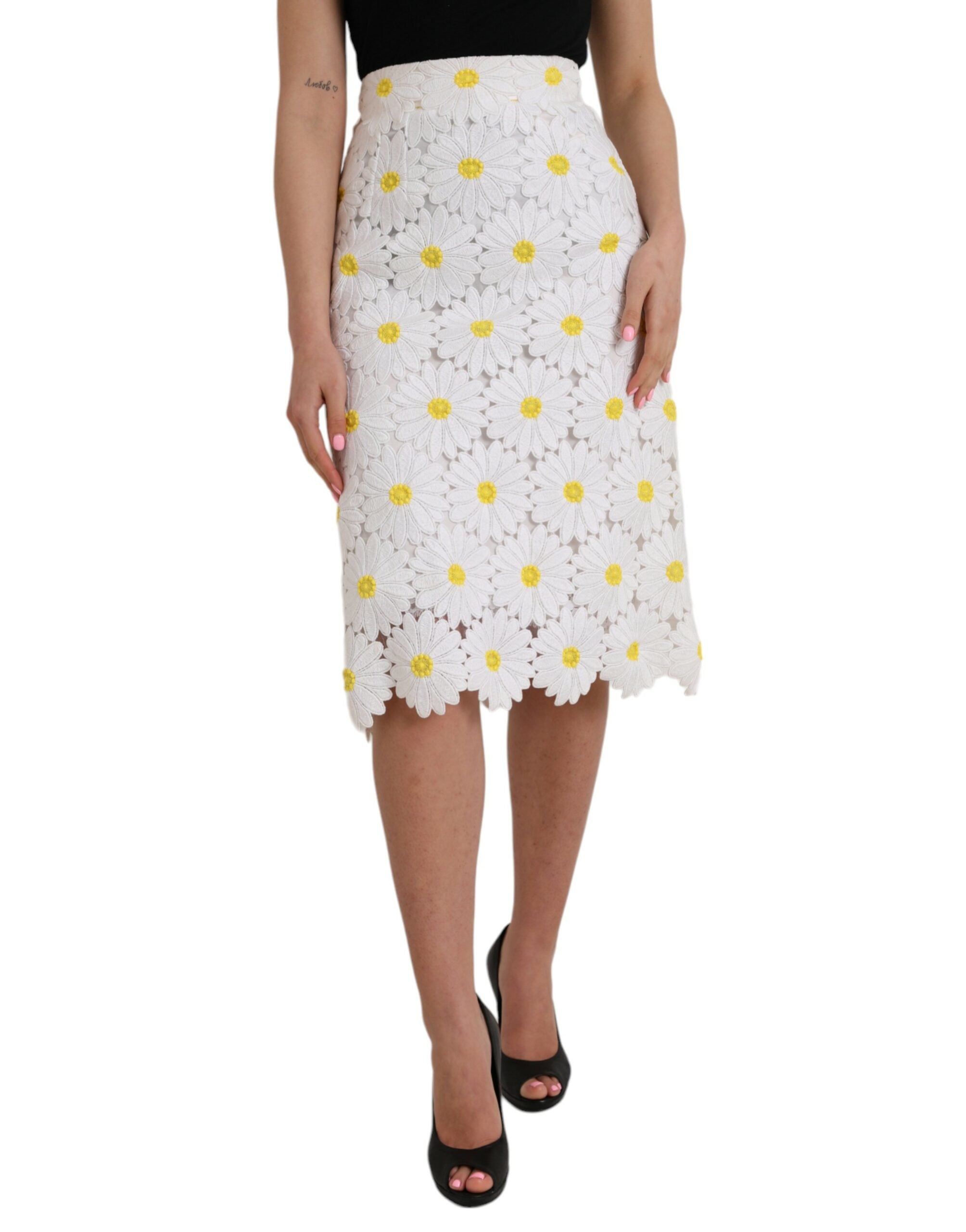 Dolce &amp; Gabbana Weißer, gerader Bleistiftrock aus Spitze mit Blumenmuster