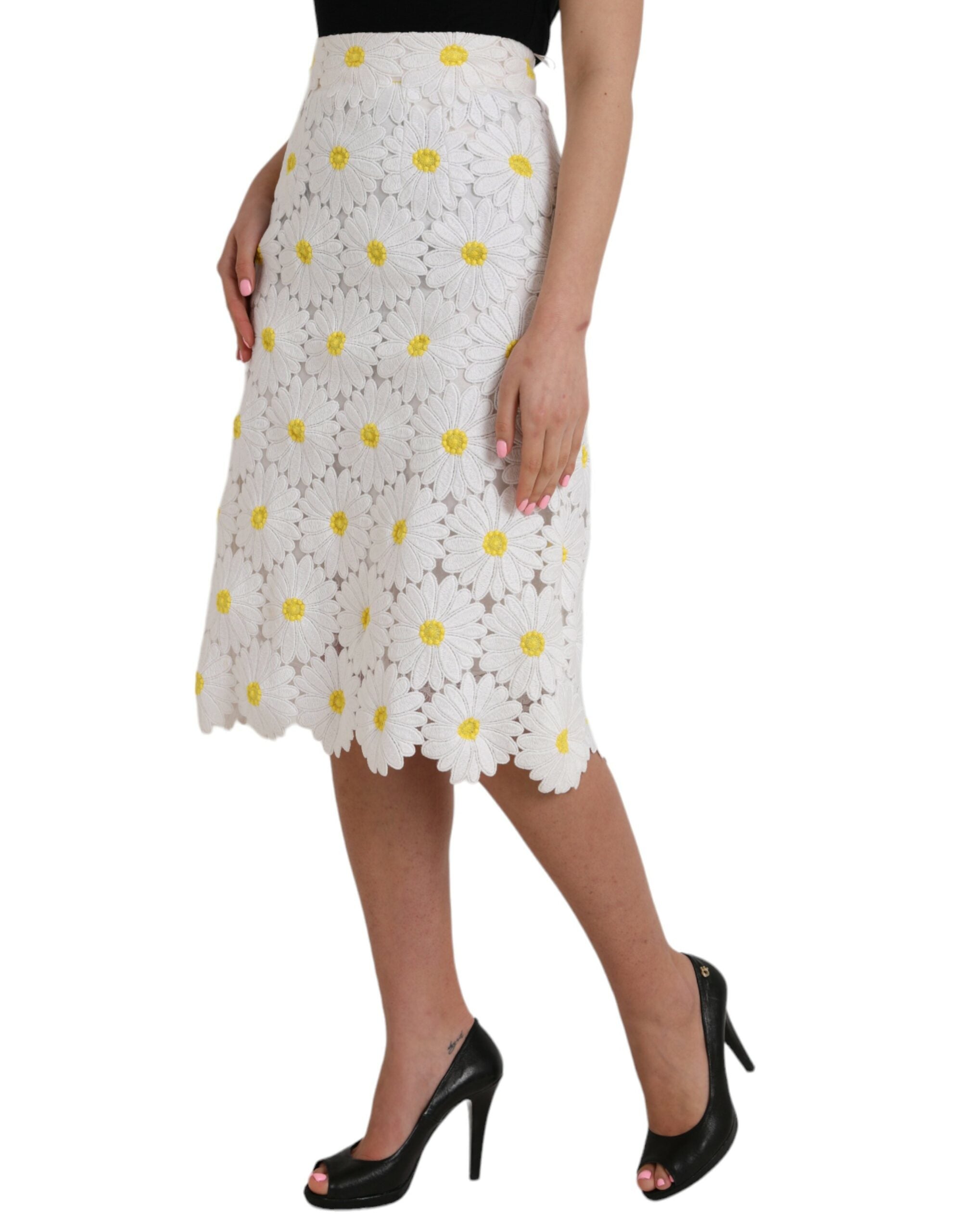 Dolce &amp; Gabbana Weißer, gerader Bleistiftrock aus Spitze mit Blumenmuster