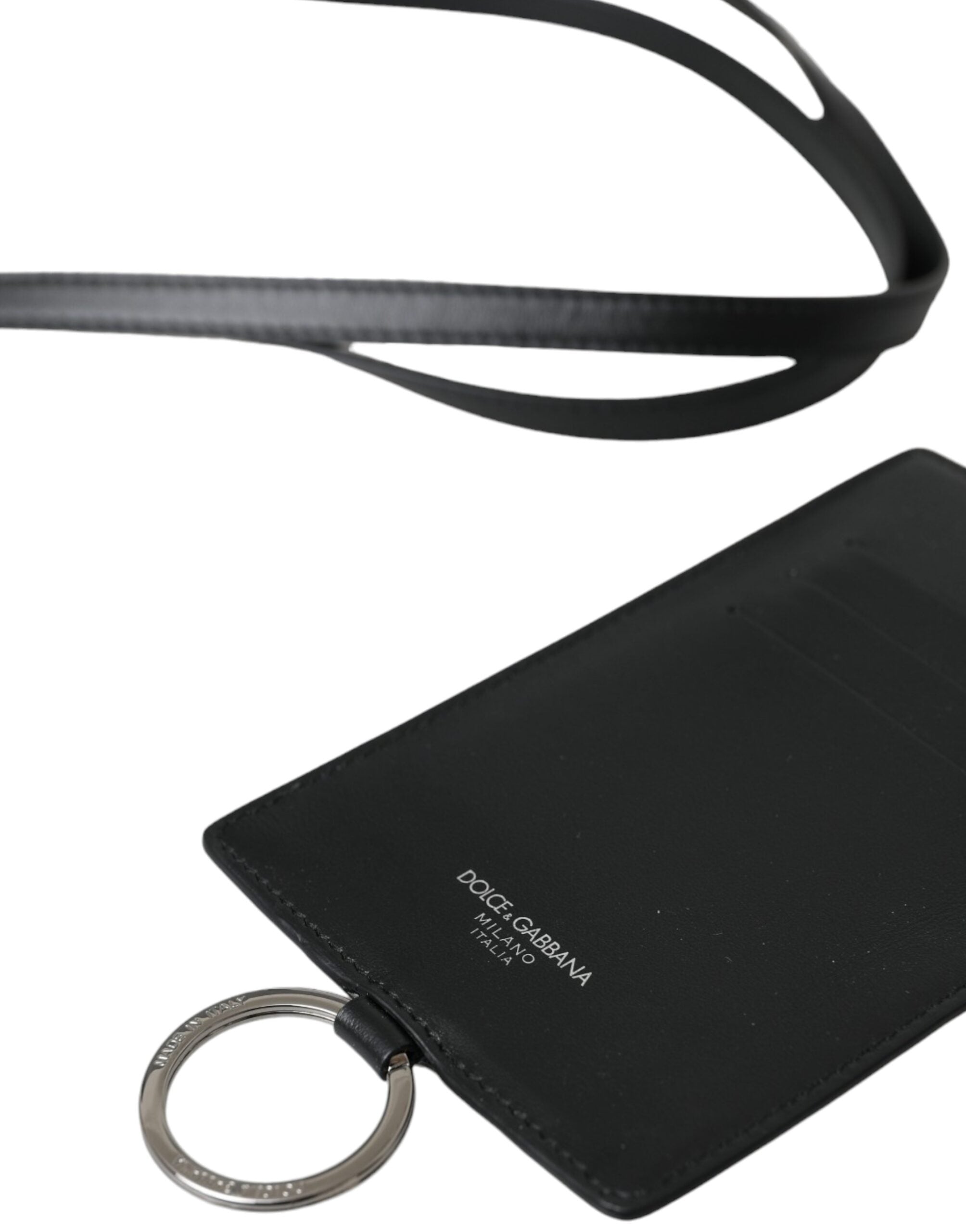 Dolce &amp; Gabbana Herren-Geldbörse mit Logo und Lanyard aus schwarzem Kalbsleder