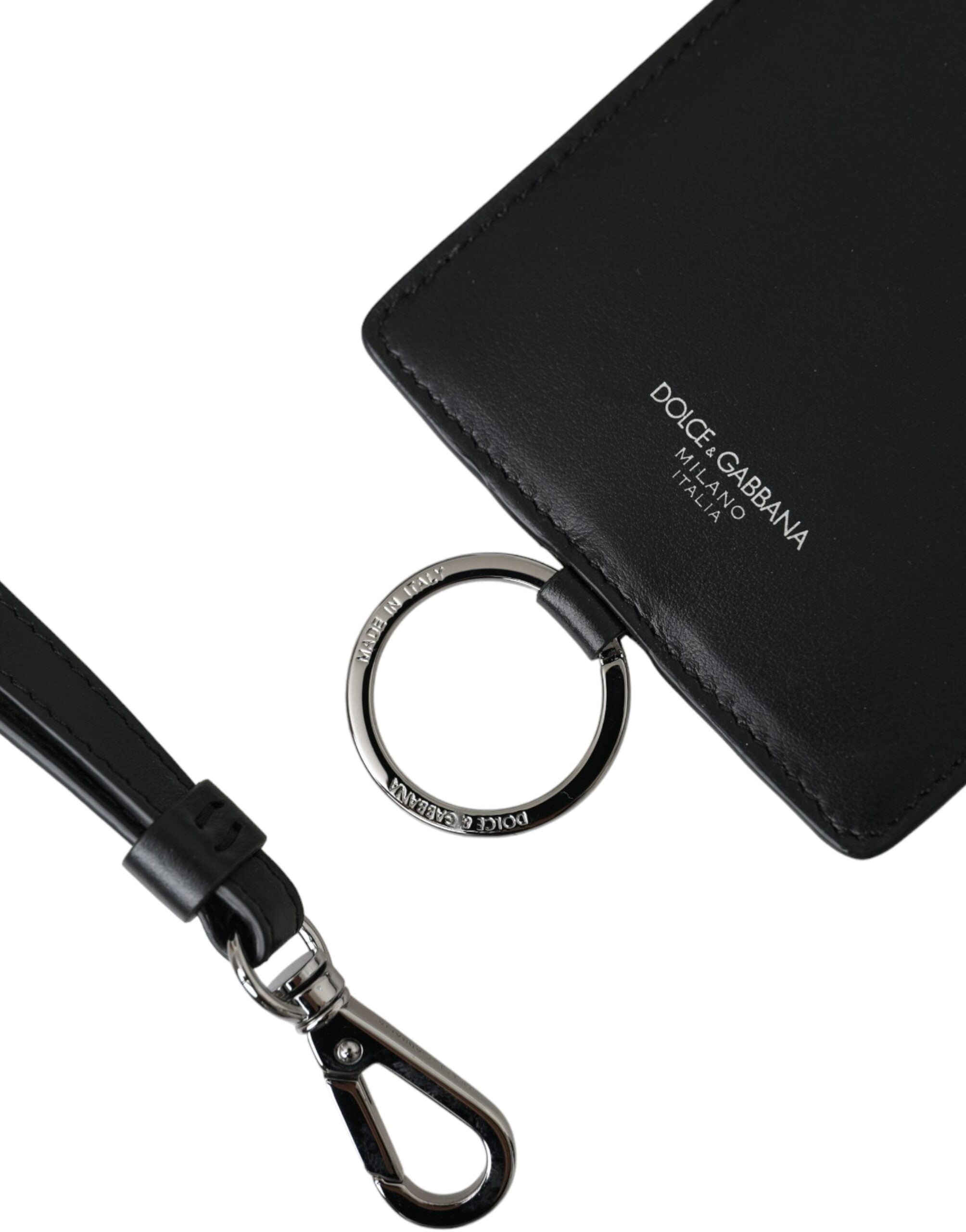 Dolce &amp; Gabbana Herren-Geldbörse mit Logo und Lanyard aus schwarzem Kalbsleder