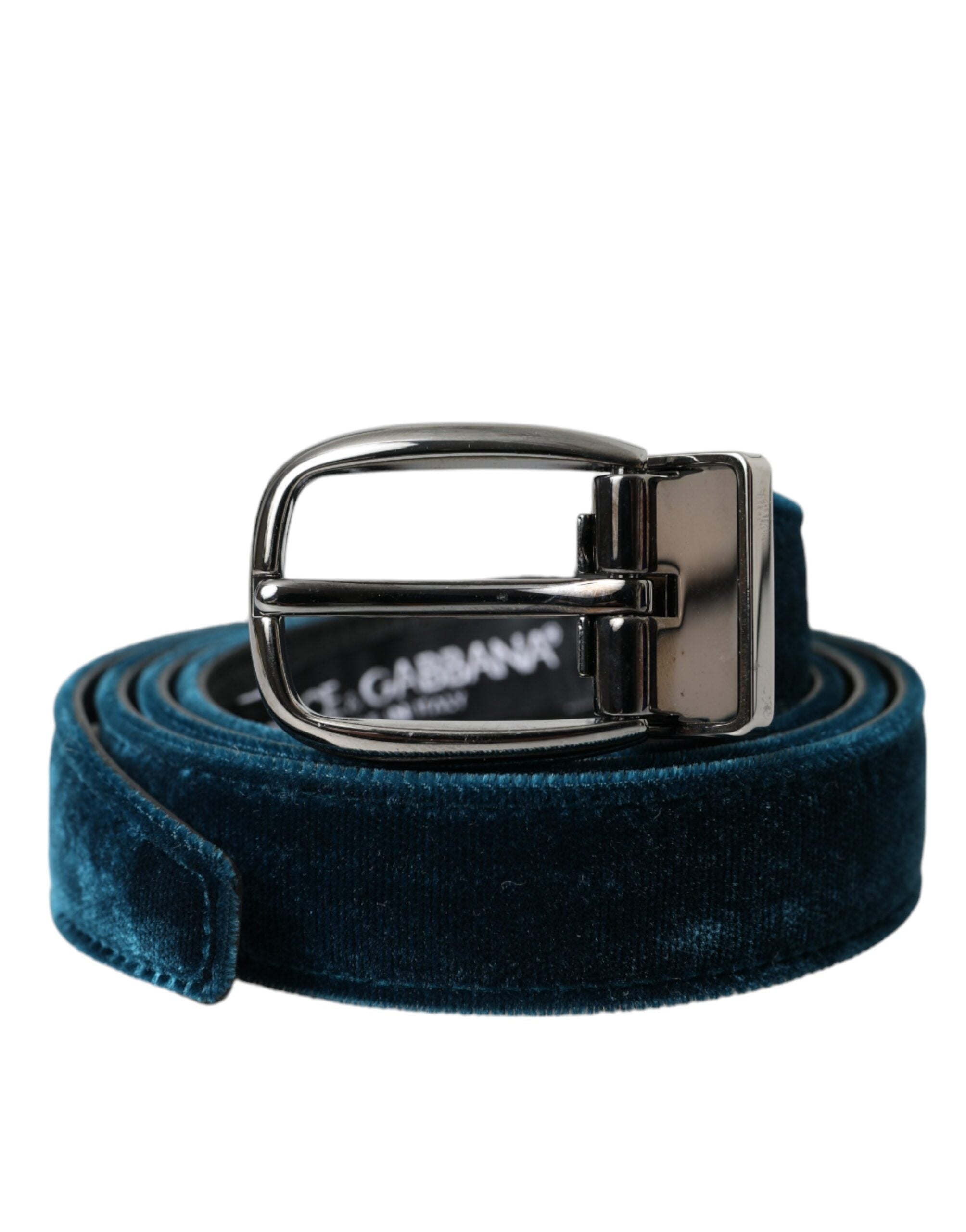 Dolce &amp; Gabbana Blauer Samtledergürtel mit silberner Metallschnalle