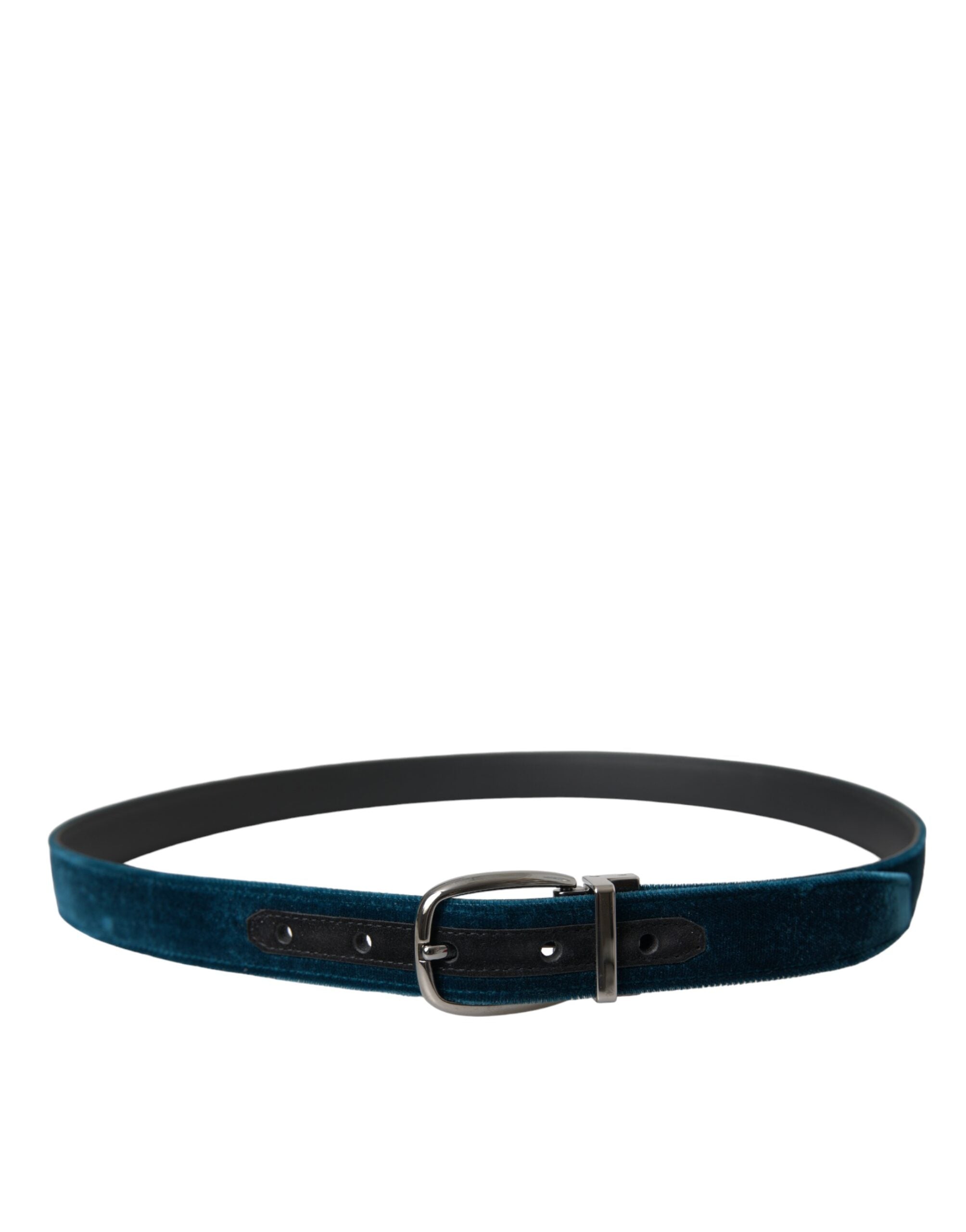 Dolce &amp; Gabbana Blauer Samtledergürtel mit silberner Metallschnalle