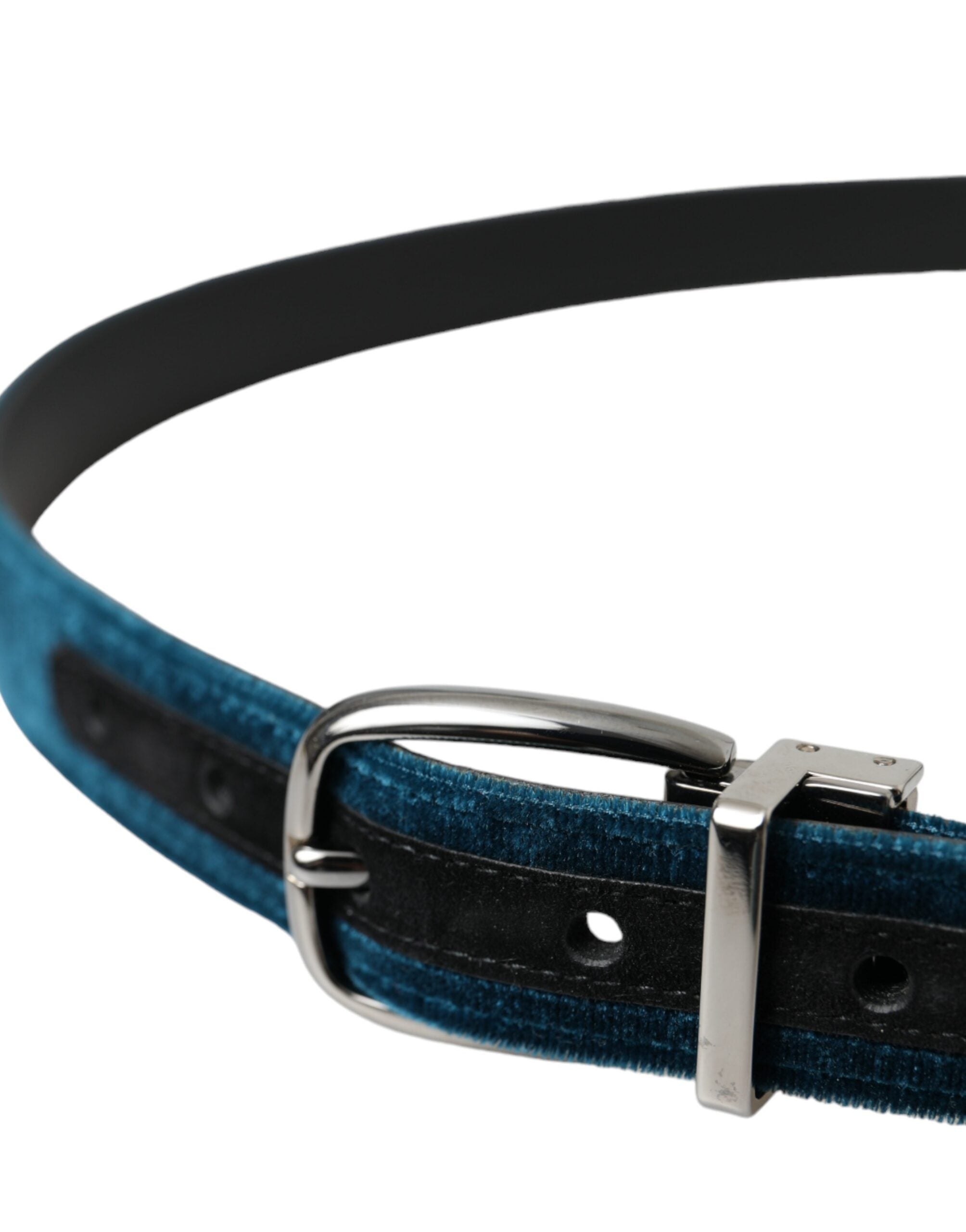 Dolce &amp; Gabbana Blauer Samtledergürtel mit silberner Metallschnalle