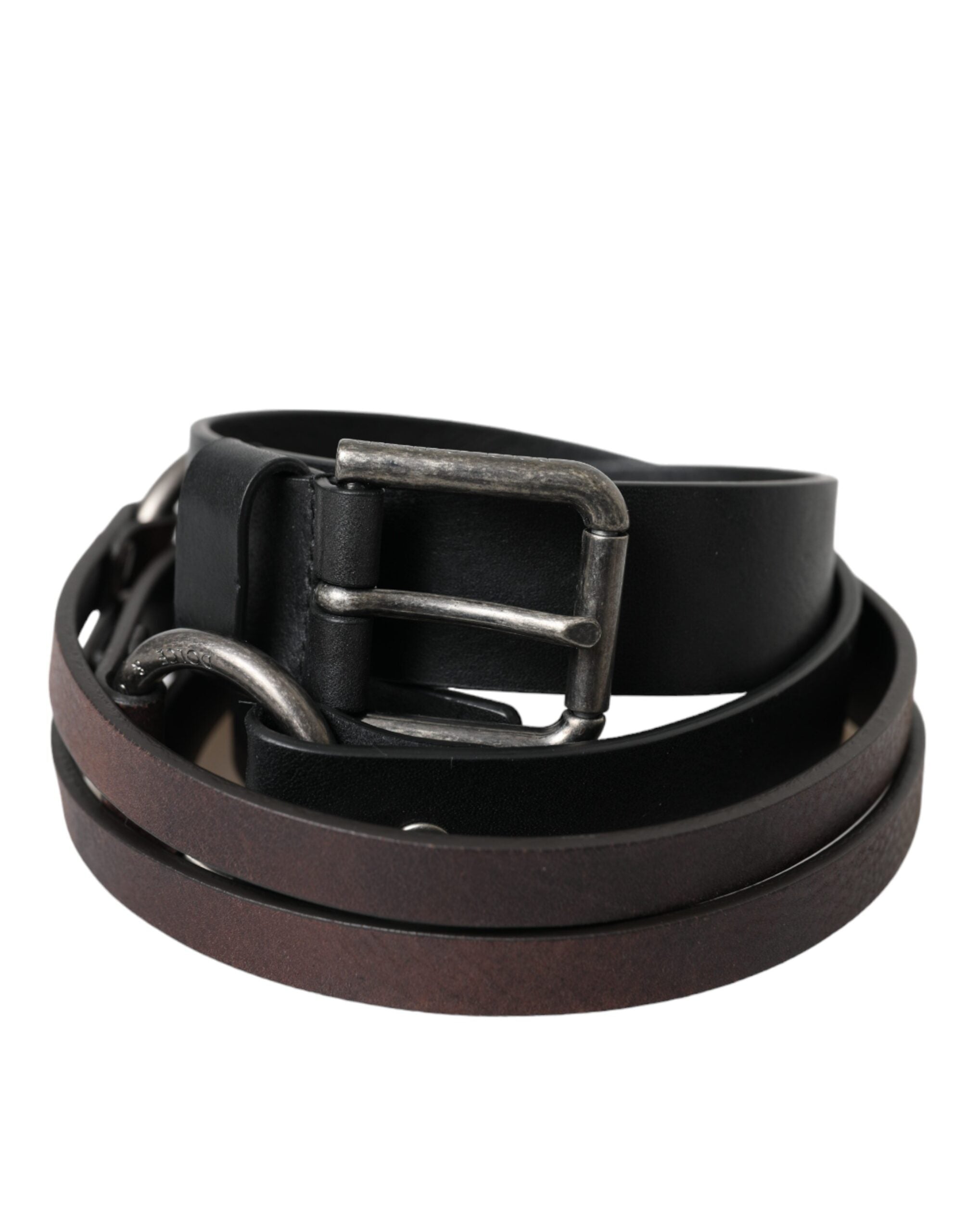 Dolce &amp; Gabbana Gürtel aus schwarzbraunem Leder mit silberner Metallschnalle