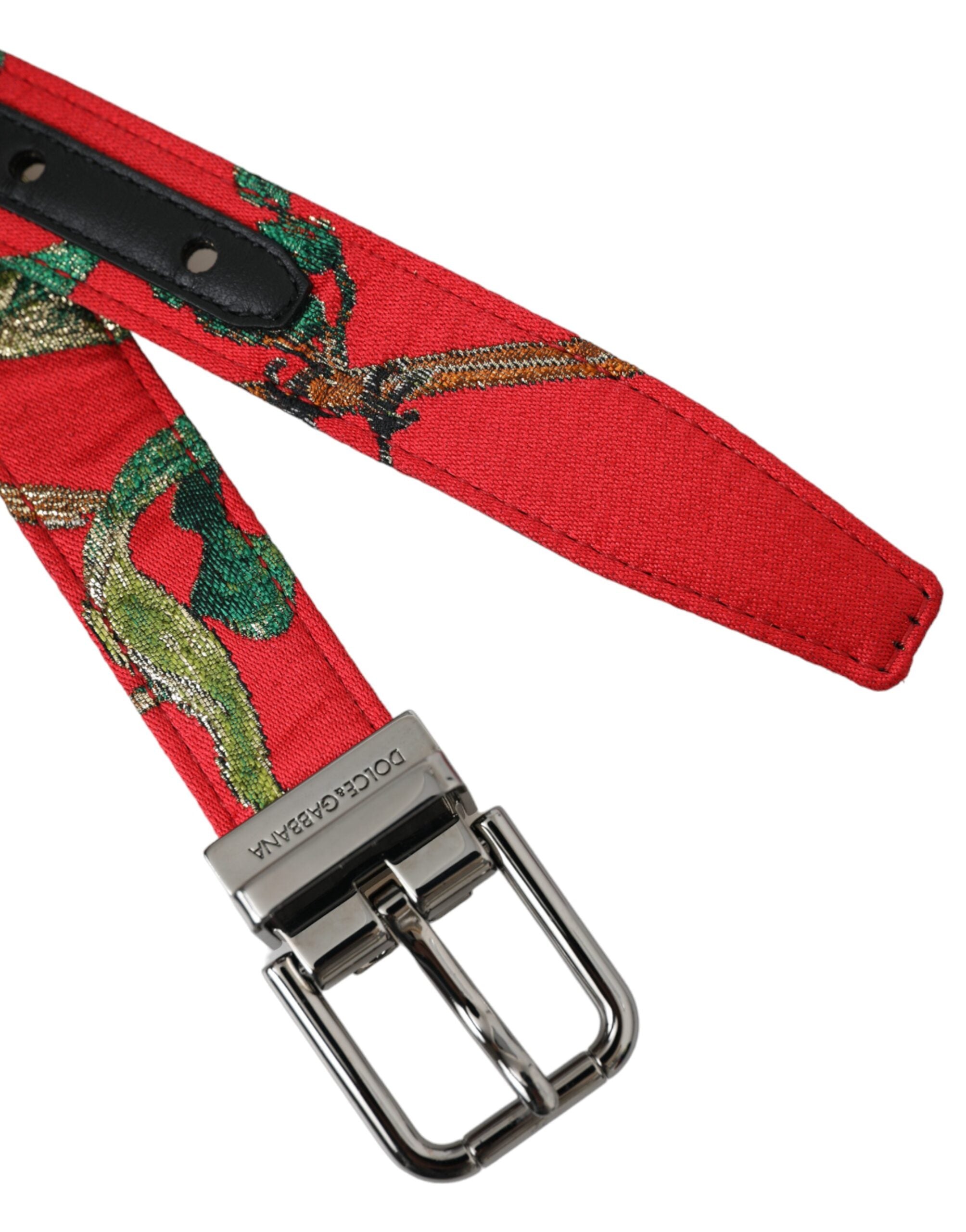 Dolce &amp; Gabbana – Roter Jacquard-Ledergürtel mit silberner Metallschnalle
