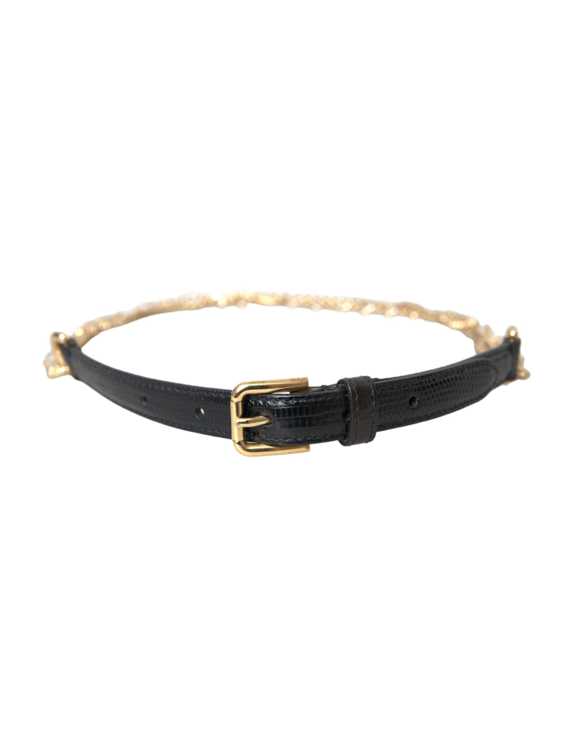 Dolce &amp; Gabbana Damen-Taillengürtel aus schwarzem Leder mit Goldkette und Kristallen