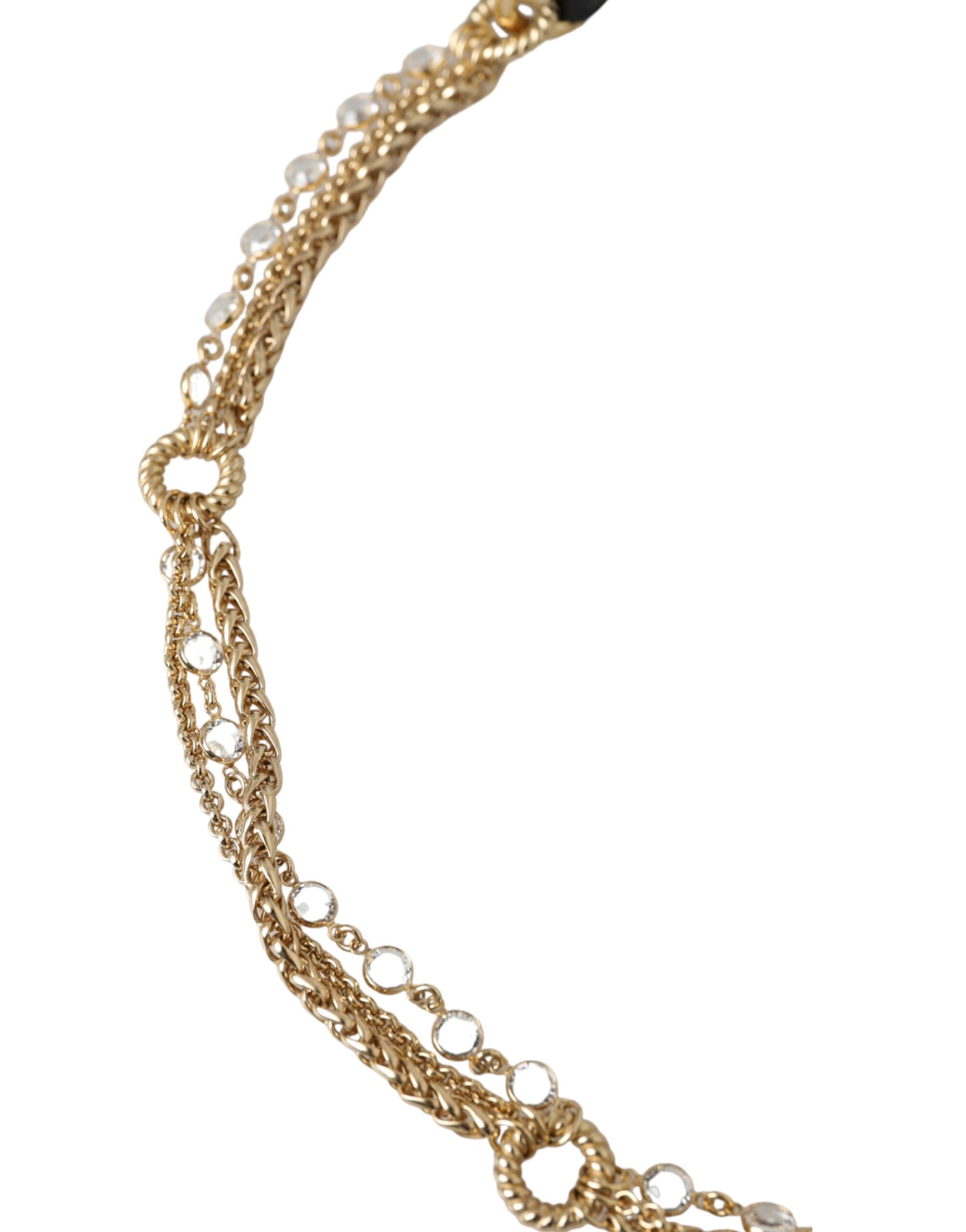 Dolce &amp; Gabbana Damen-Taillengürtel aus schwarzem Leder mit Goldkette und Kristallen