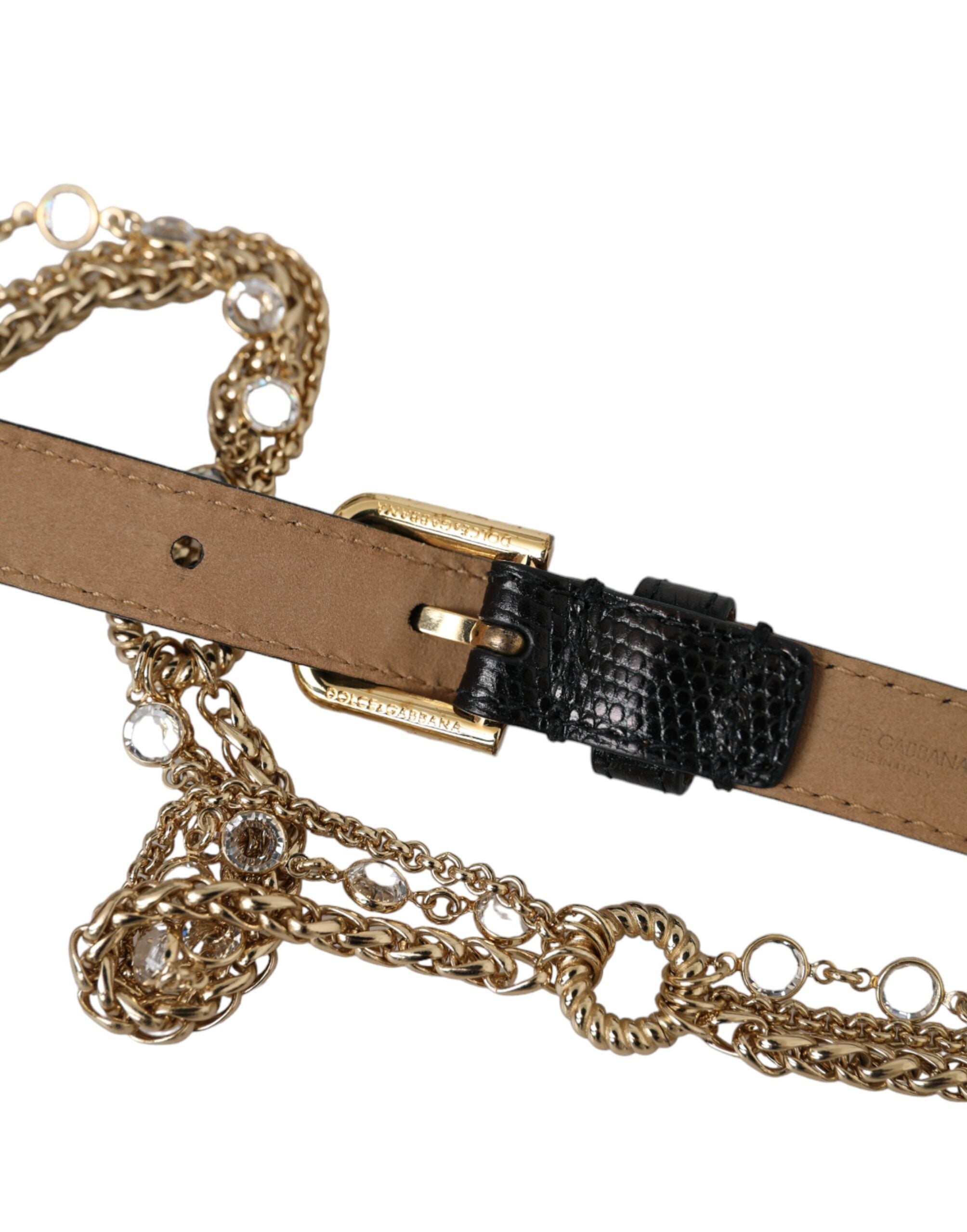Dolce &amp; Gabbana Damen-Taillengürtel aus schwarzem Leder mit Goldkette und Kristallen