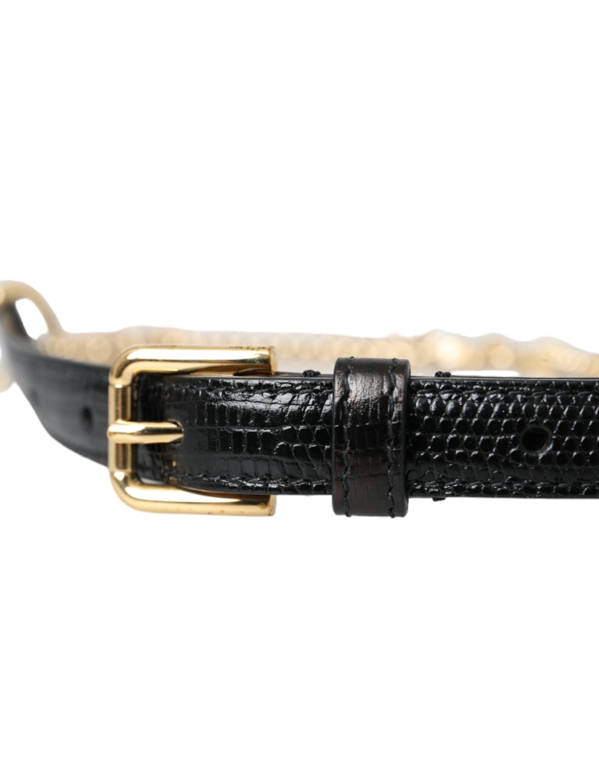 Dolce &amp; Gabbana Damen-Taillengürtel aus schwarzem Leder mit Goldkette und Kristallen
