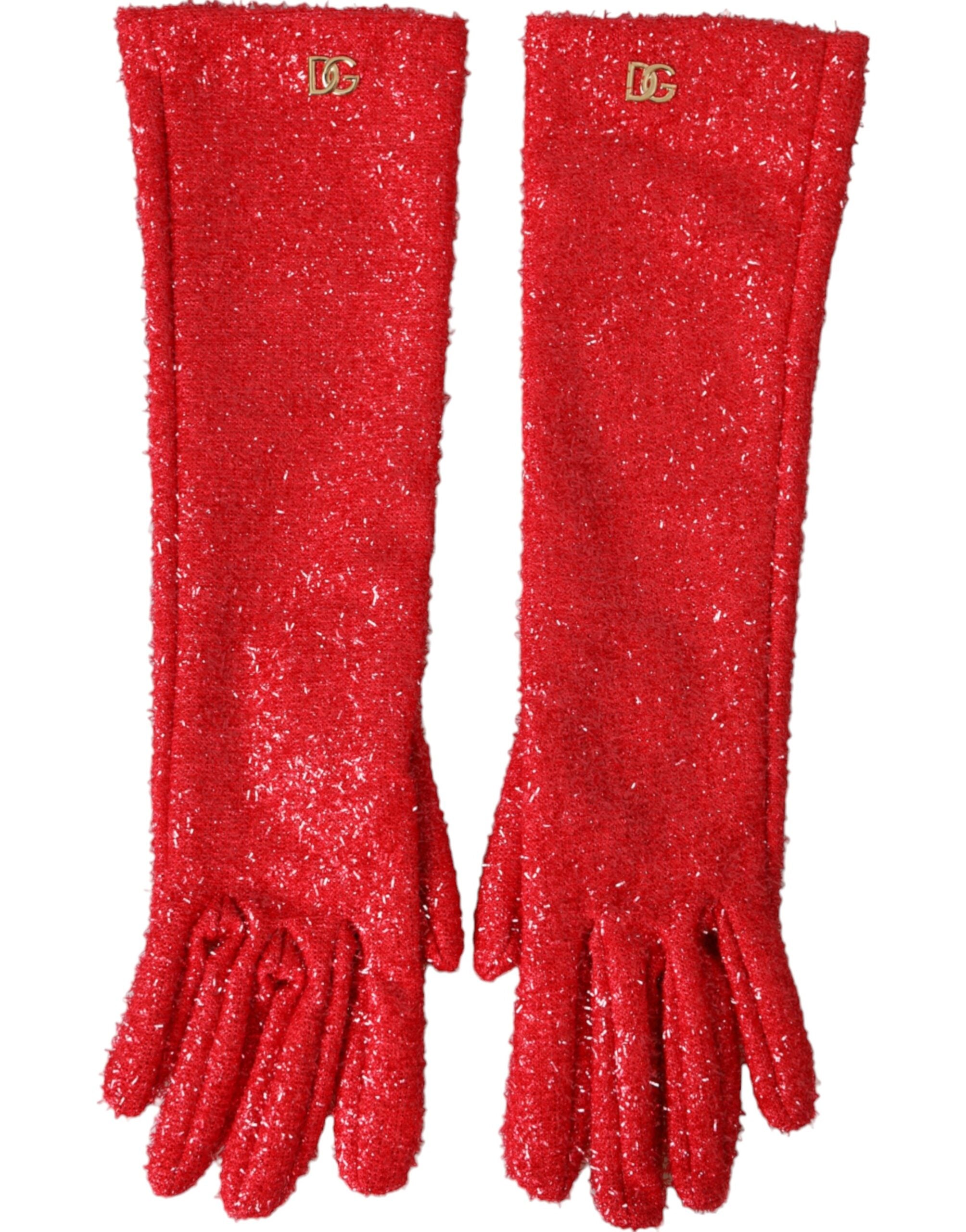Dolce &amp; Gabbana – Rote Fantasia-Handschuhe mit mittellangem Lurex