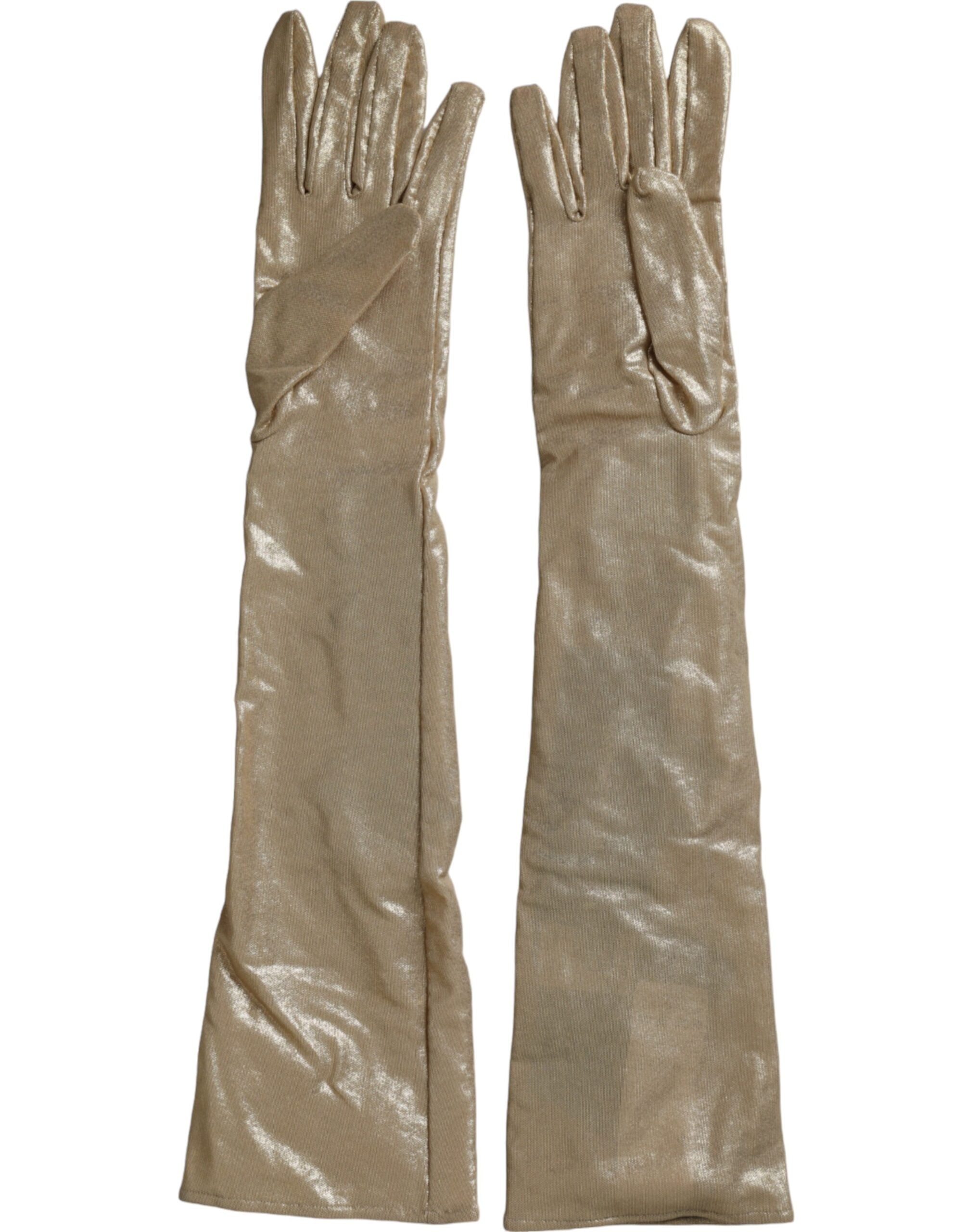 Dolce &amp; Gabbana – Beige Satin-Handschuhe mit Kristallen in Ellenbogenlänge