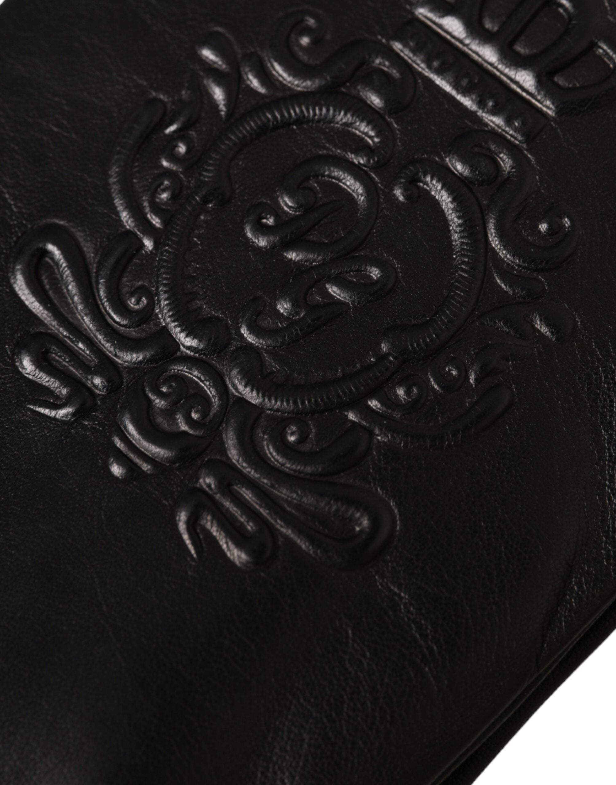 Dolce &amp; Gabbana – Kurze Handschuhe aus schwarzem Leder mit geprägtem Logo