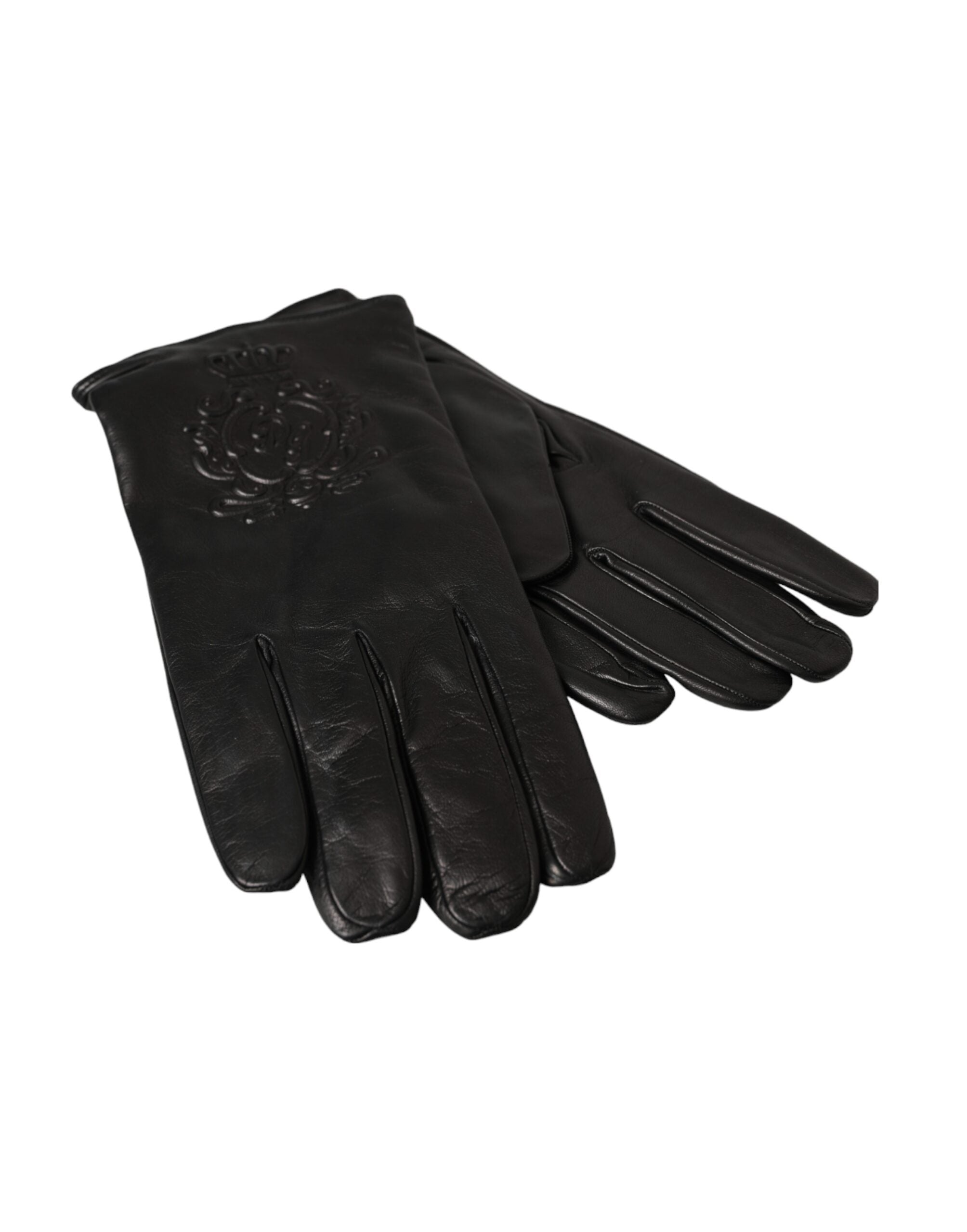 Dolce &amp; Gabbana – Kurze Handschuhe aus schwarzem Leder mit geprägtem Logo