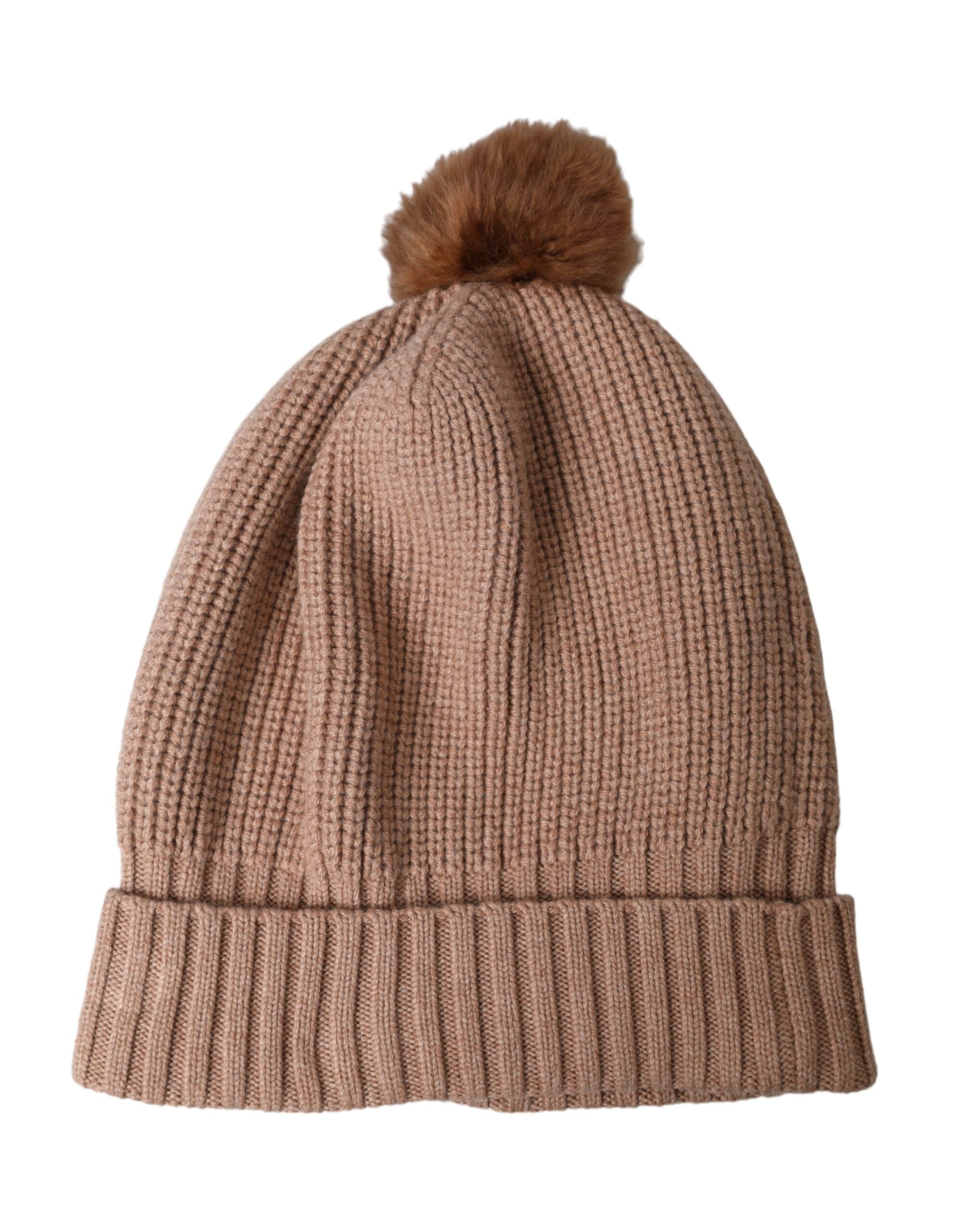 Dolce &amp; Gabbana – Braune Wintermütze mit einfarbigem Strick und Pelzbällen