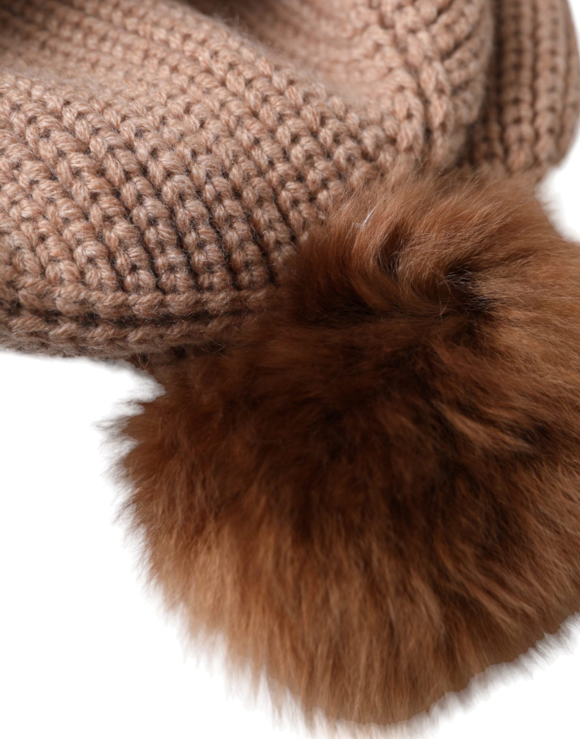 Dolce &amp; Gabbana – Braune Wintermütze mit einfarbigem Strick und Pelzbällen