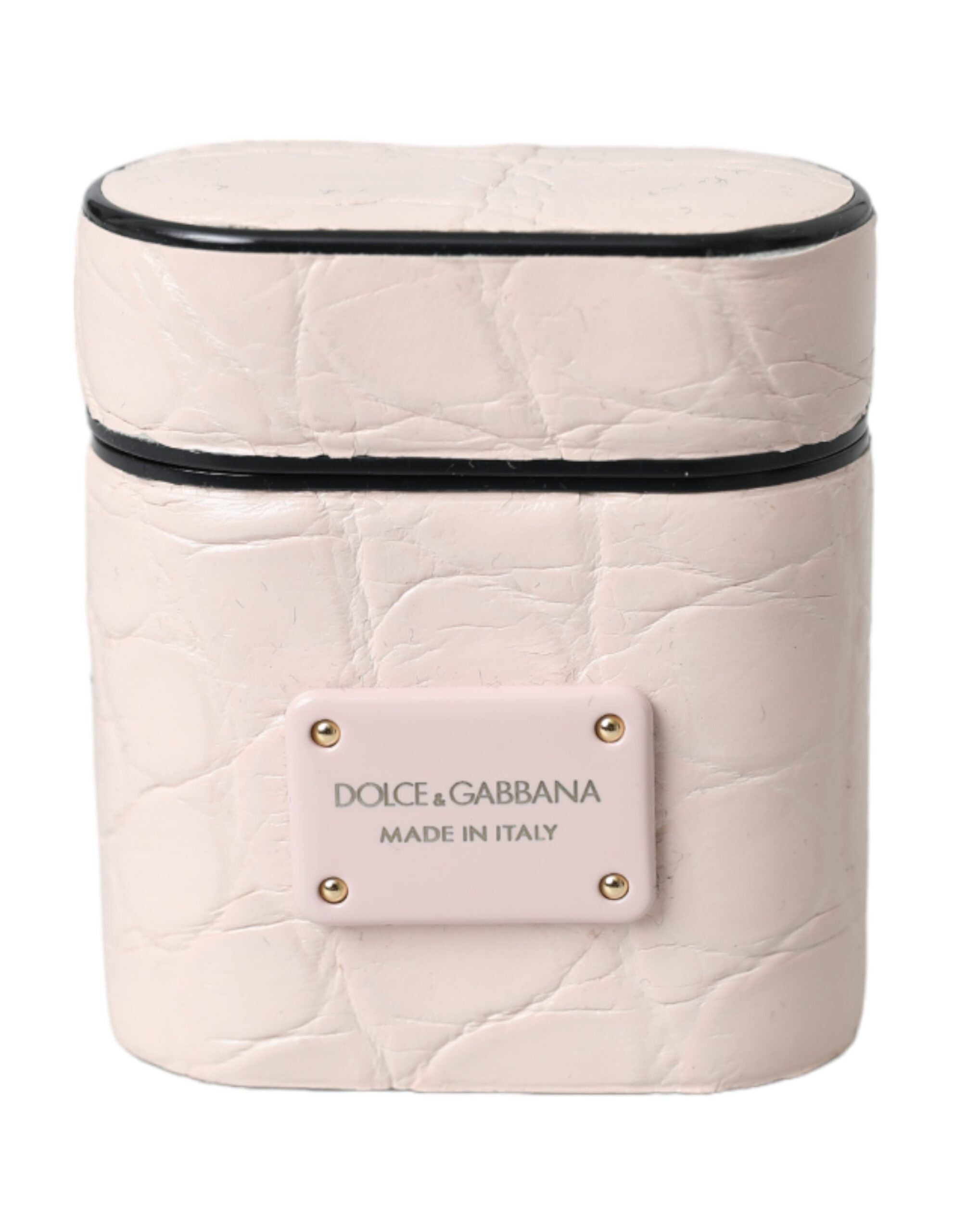 Dolce &amp; Gabbana – Airpods-Hülle aus hellrosa Leder mit Metall-Logoplakette