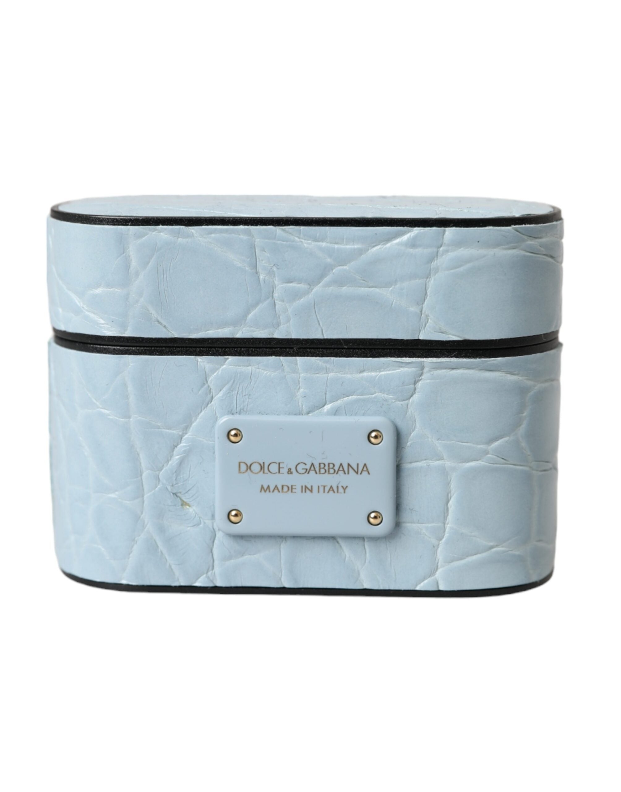 Dolce &amp; Gabbana – Airpods-Hülle aus hellblauem Leder mit Logo-Plakette aus Metall