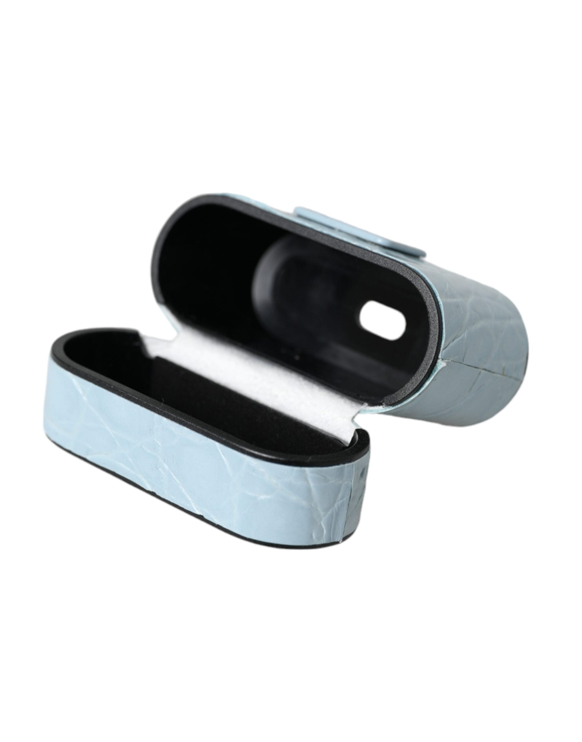 Dolce &amp; Gabbana – Airpods-Hülle aus hellblauem Leder mit Logo-Plakette aus Metall