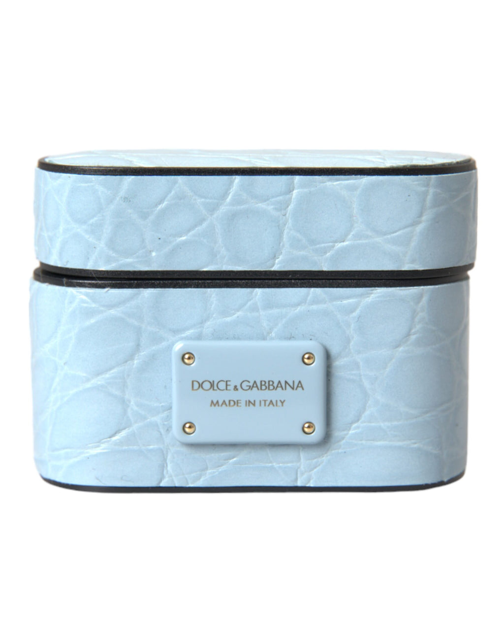 Dolce &amp; Gabbana – Airpods-Hülle aus hellblauem Leder mit Logo-Plakette aus Metall