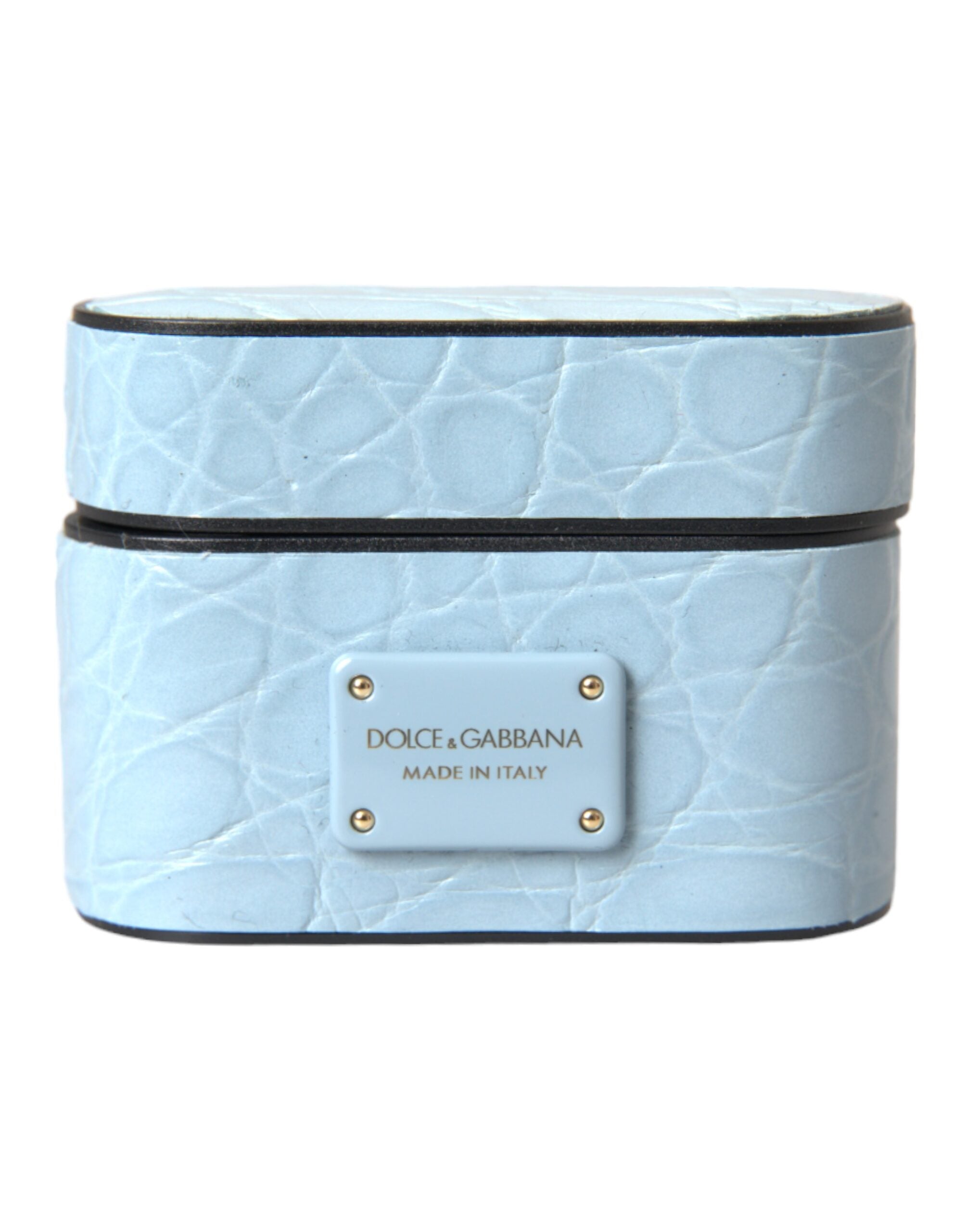 Dolce &amp; Gabbana – Airpods-Hülle aus hellblauem Leder mit Logo-Plakette aus Metall