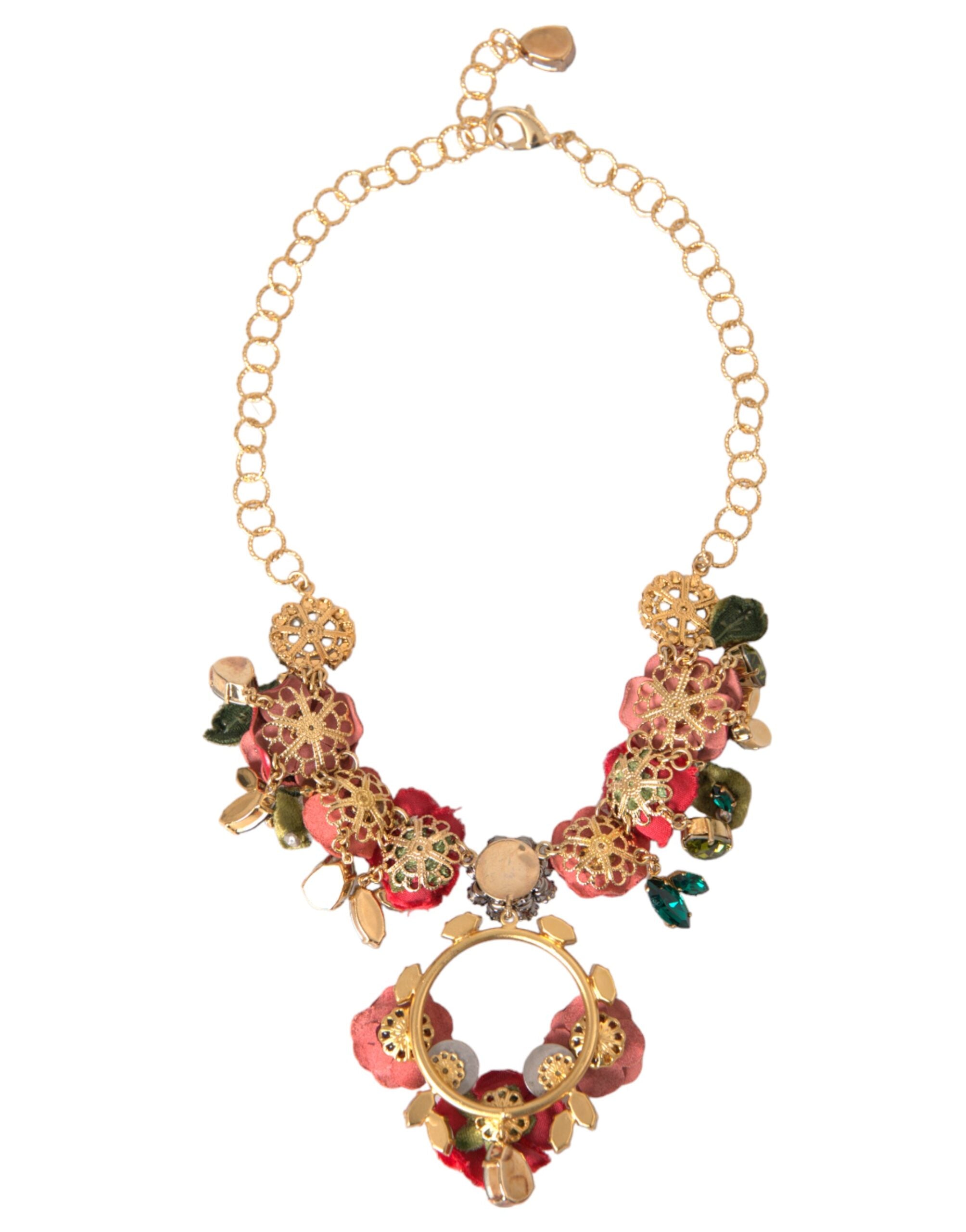 Dolce &amp; Gabbana – Halskette mit Gliederkette aus goldenem Messing und Rosenblüten-Kristallanhänger