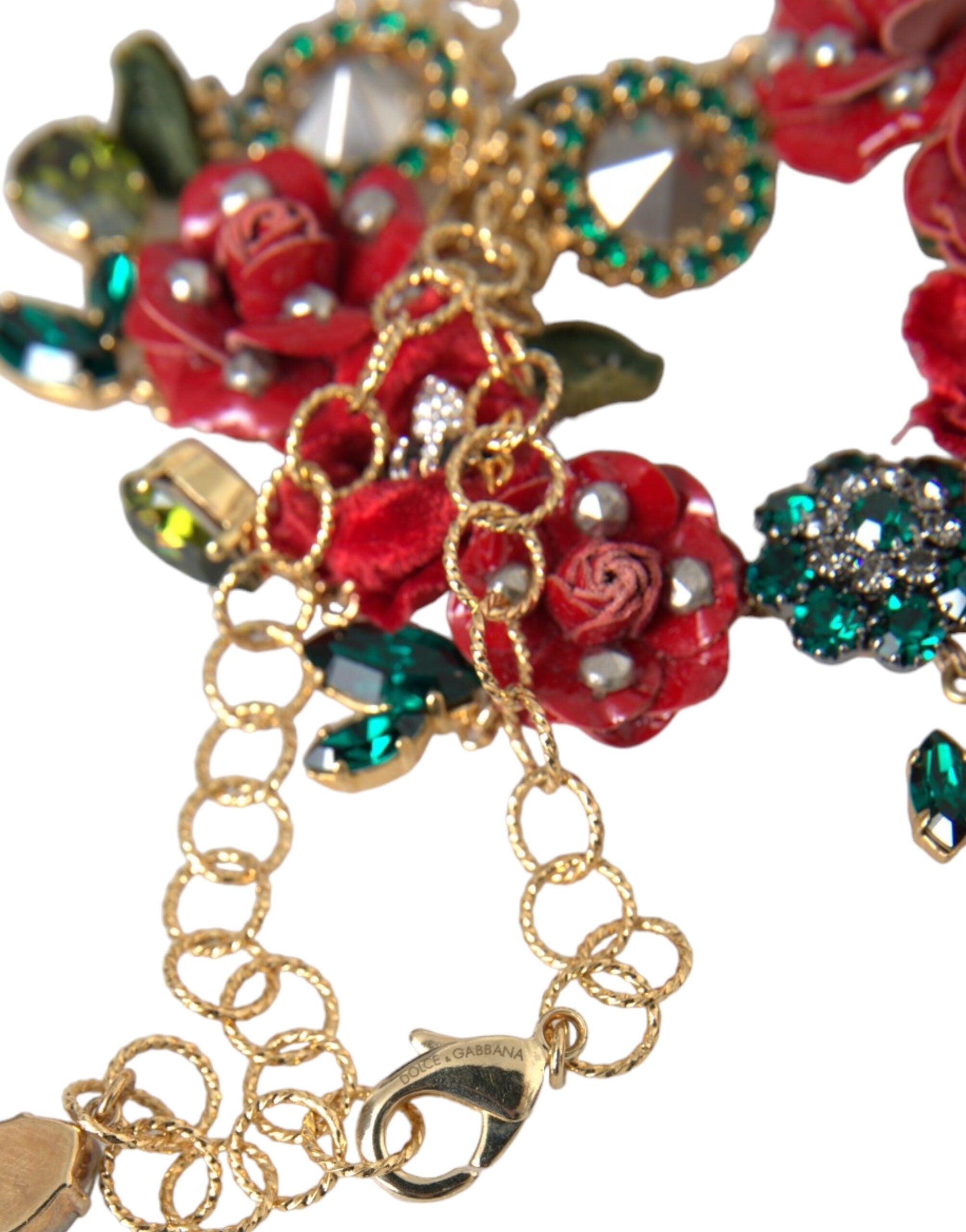 Dolce &amp; Gabbana – Halskette mit Gliederkette aus goldenem Messing und Rosenblüten-Kristallanhänger