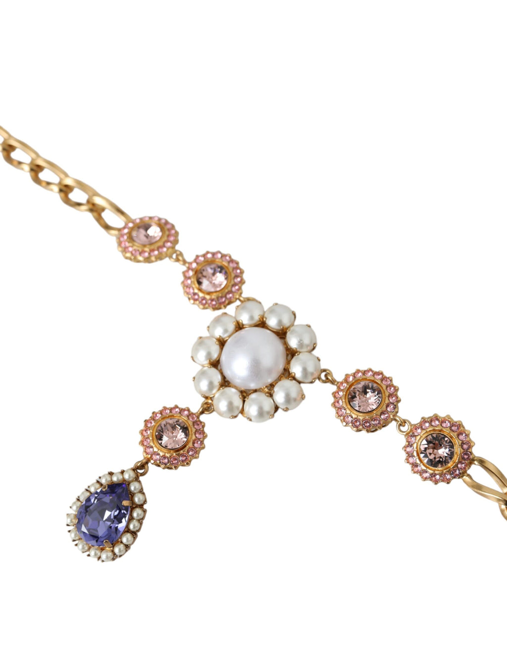 Dolce &amp; Gabbana Halskette mit Anhängern aus goldenem Messing mit Kristallen, lila und rosa Perlen