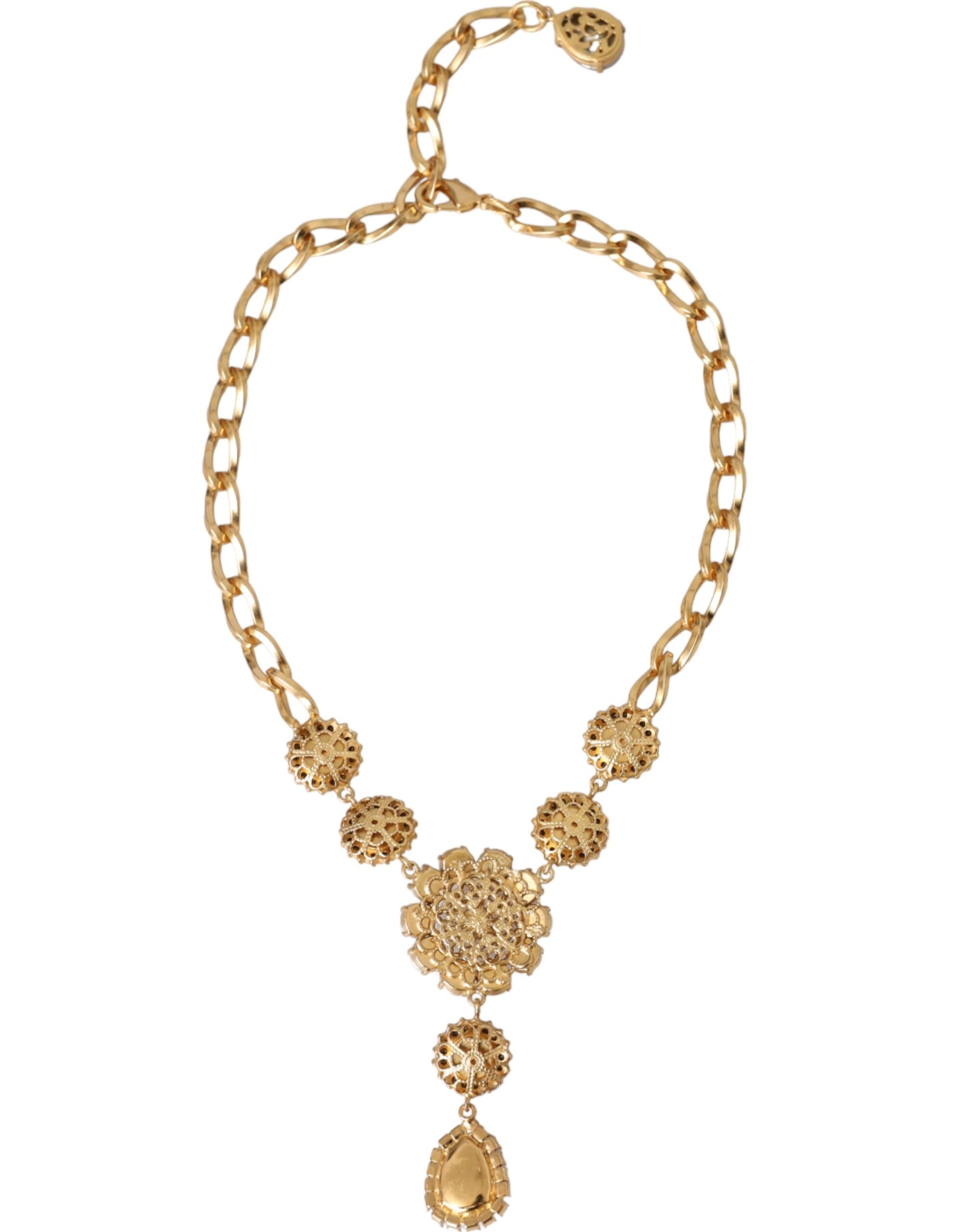 Dolce &amp; Gabbana Halskette mit Anhängern aus goldenem Messing mit Kristallen, lila und rosa Perlen