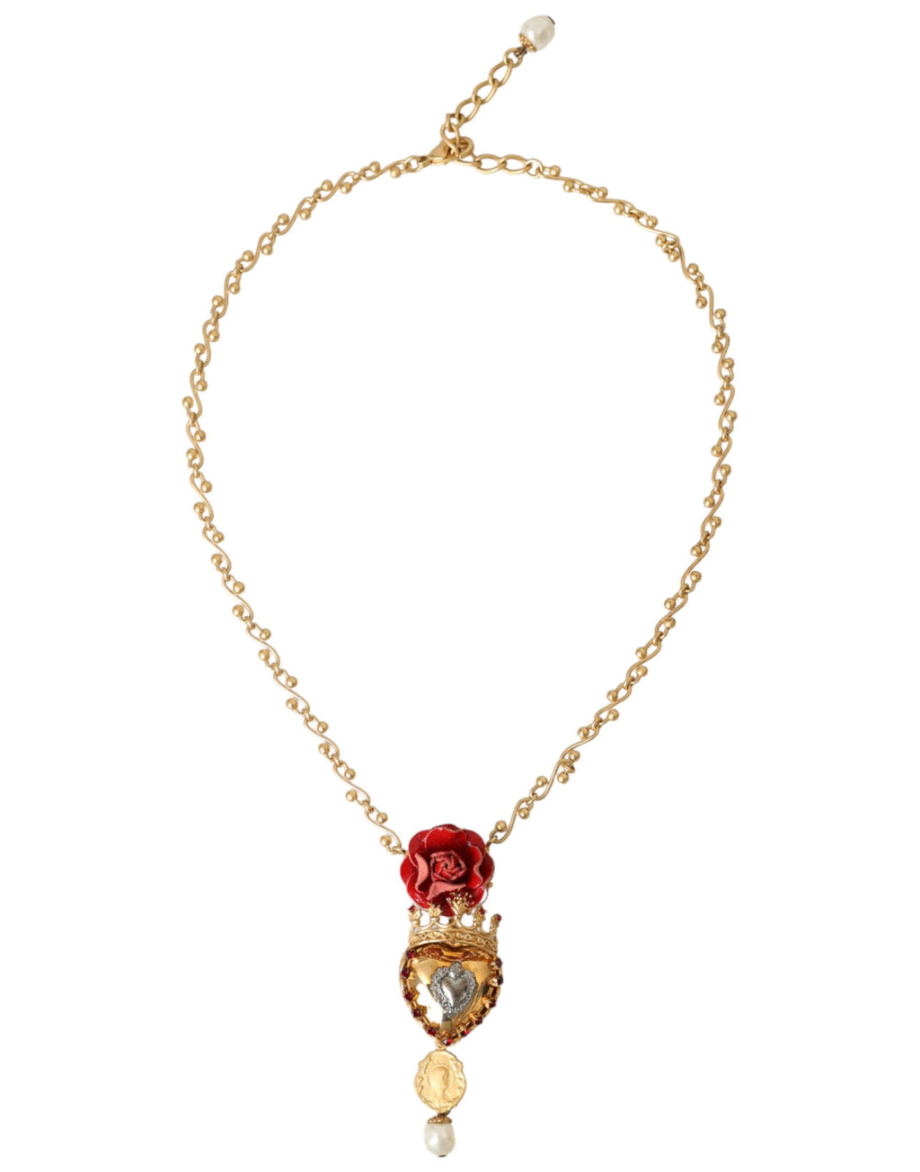 Dolce &amp; Gabbana – Halskette mit Rosen- und Kristallanhänger „Sacred Heart“ aus goldener Messingkette
