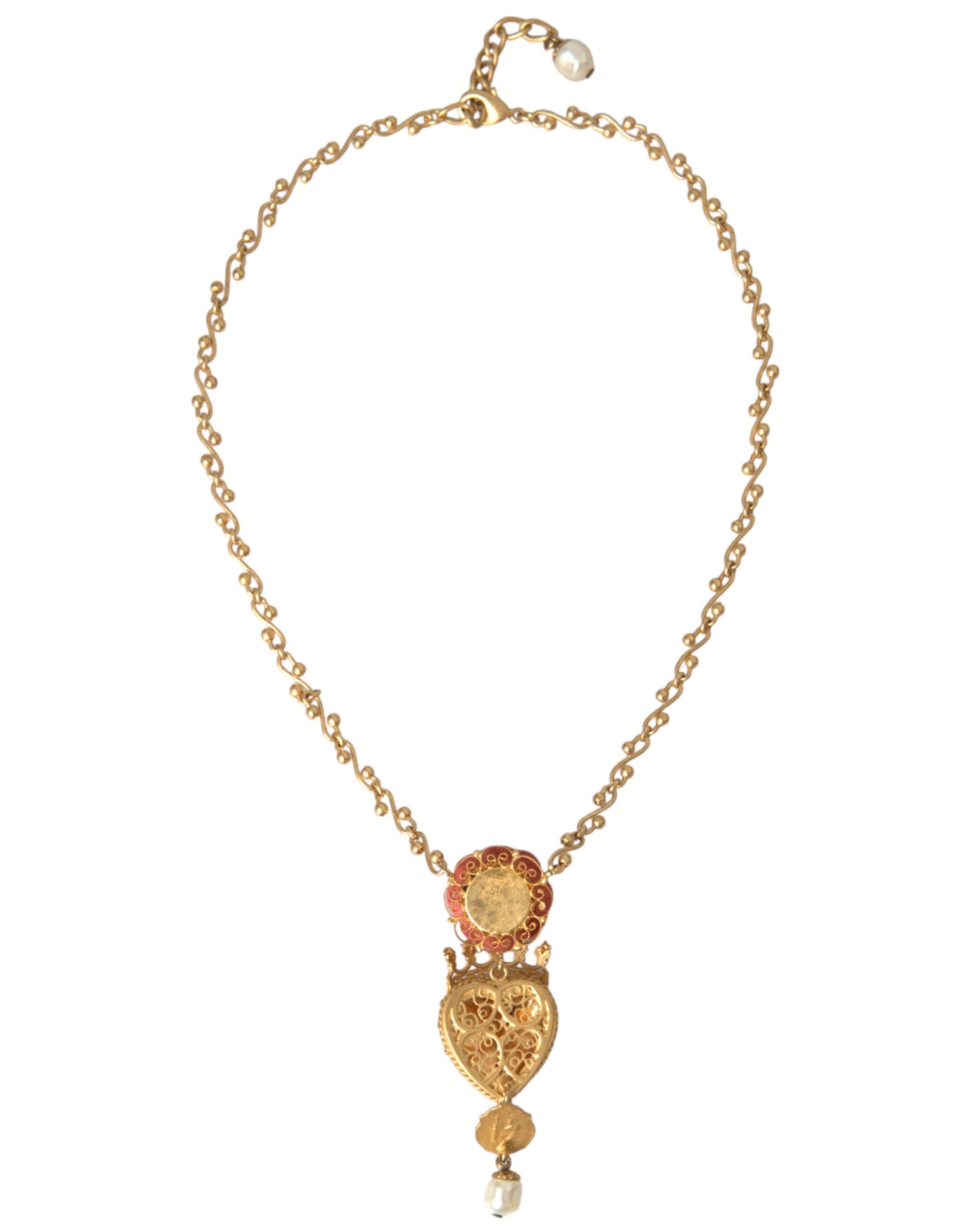 Dolce &amp; Gabbana – Halskette mit Rosen- und Kristallanhänger „Sacred Heart“ aus goldener Messingkette