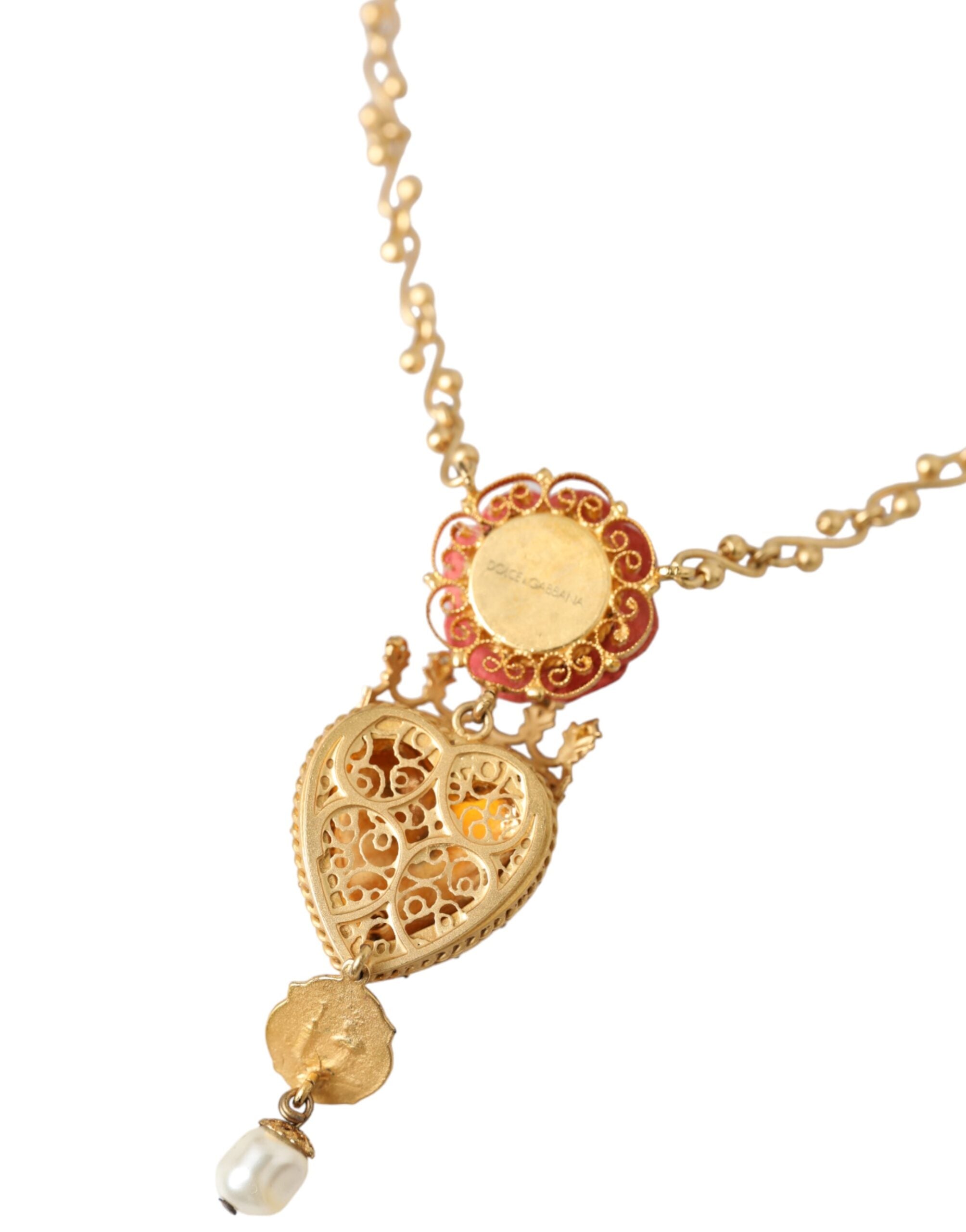 Dolce &amp; Gabbana – Halskette mit Rosen- und Kristallanhänger „Sacred Heart“ aus goldener Messingkette