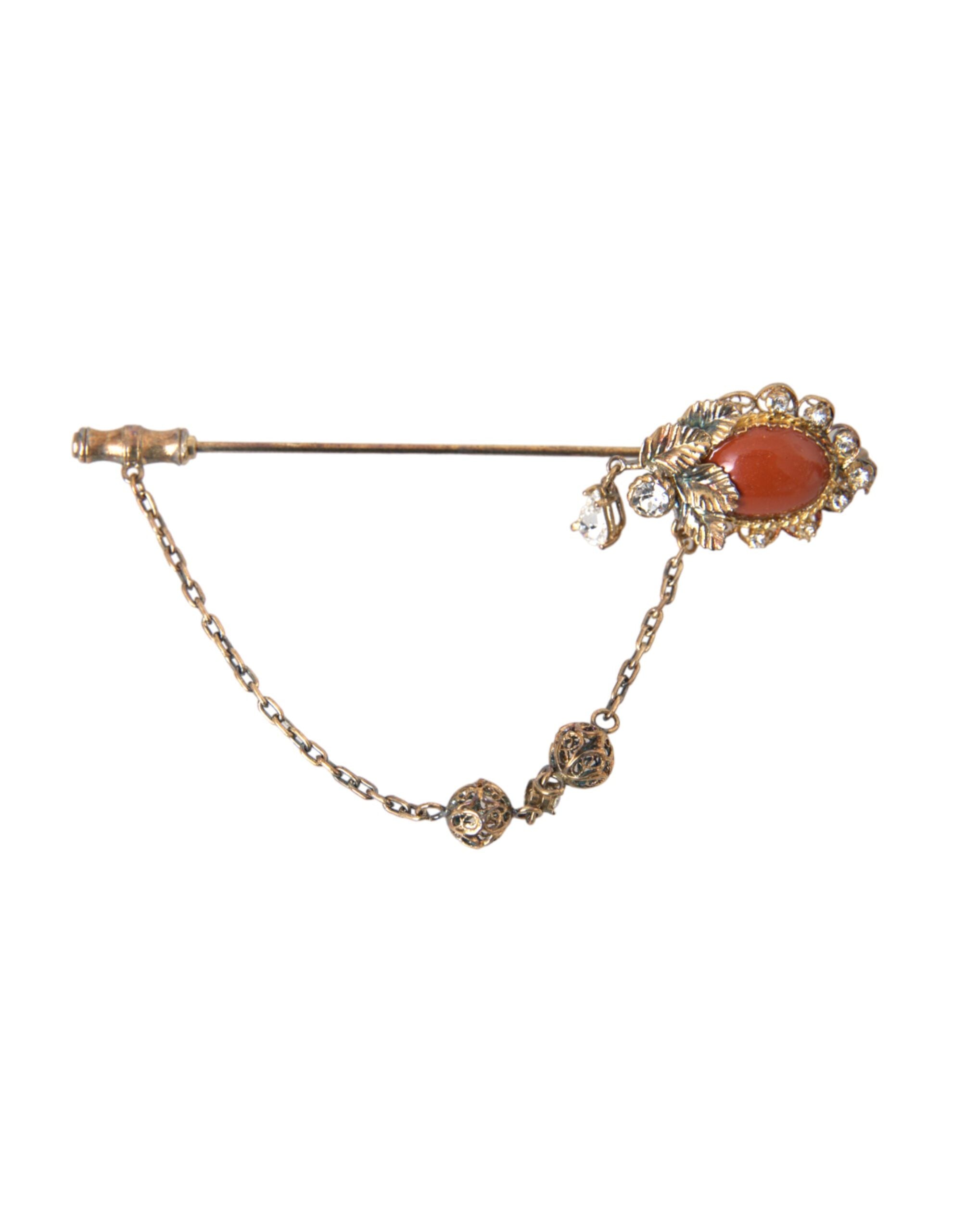 Dolce &amp; Gabbana Gold Messing Kristall Kette 925 Sterling Silber Pin Brosche