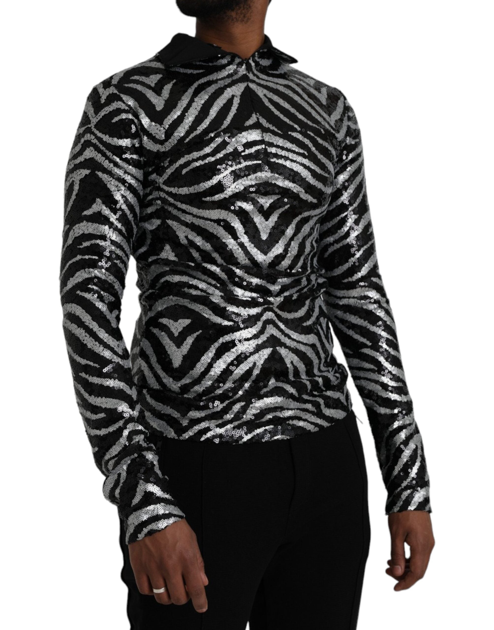 Dolce &amp; Gabbana Schwarz-silberner Polyesterpullover mit Pailletten
