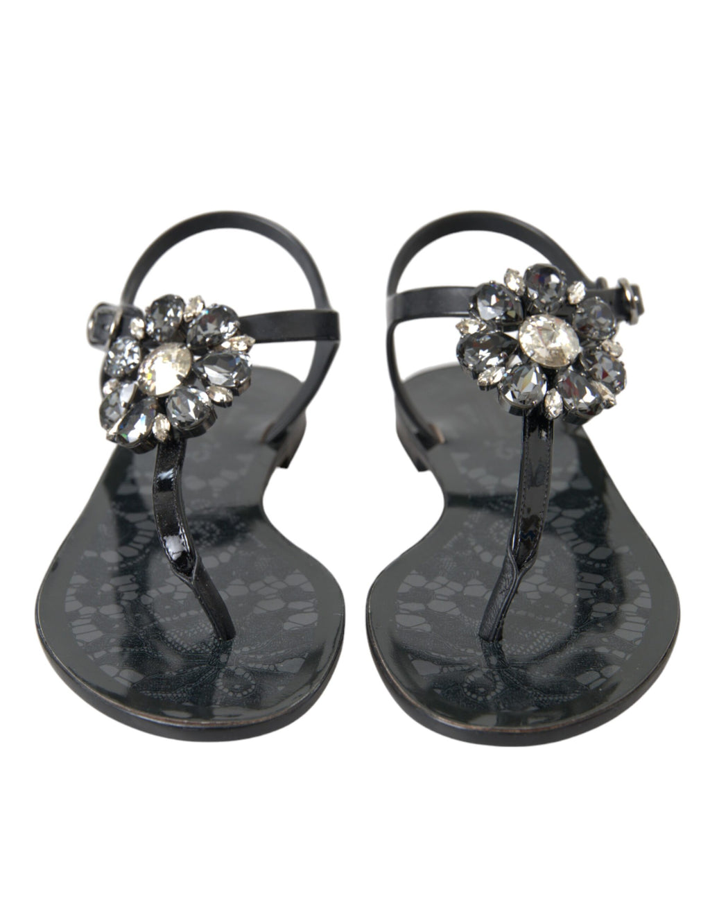 Dolce &amp; Gabbana Schwarze Kristall-Flache Sandalen Flip-Flops Schuhe