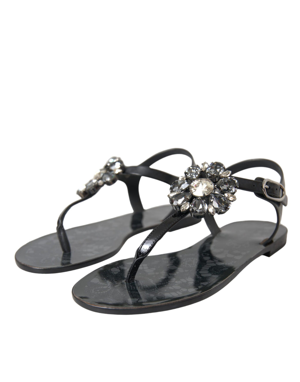 Dolce &amp; Gabbana Schwarze Kristall-Flache Sandalen Flip-Flops Schuhe