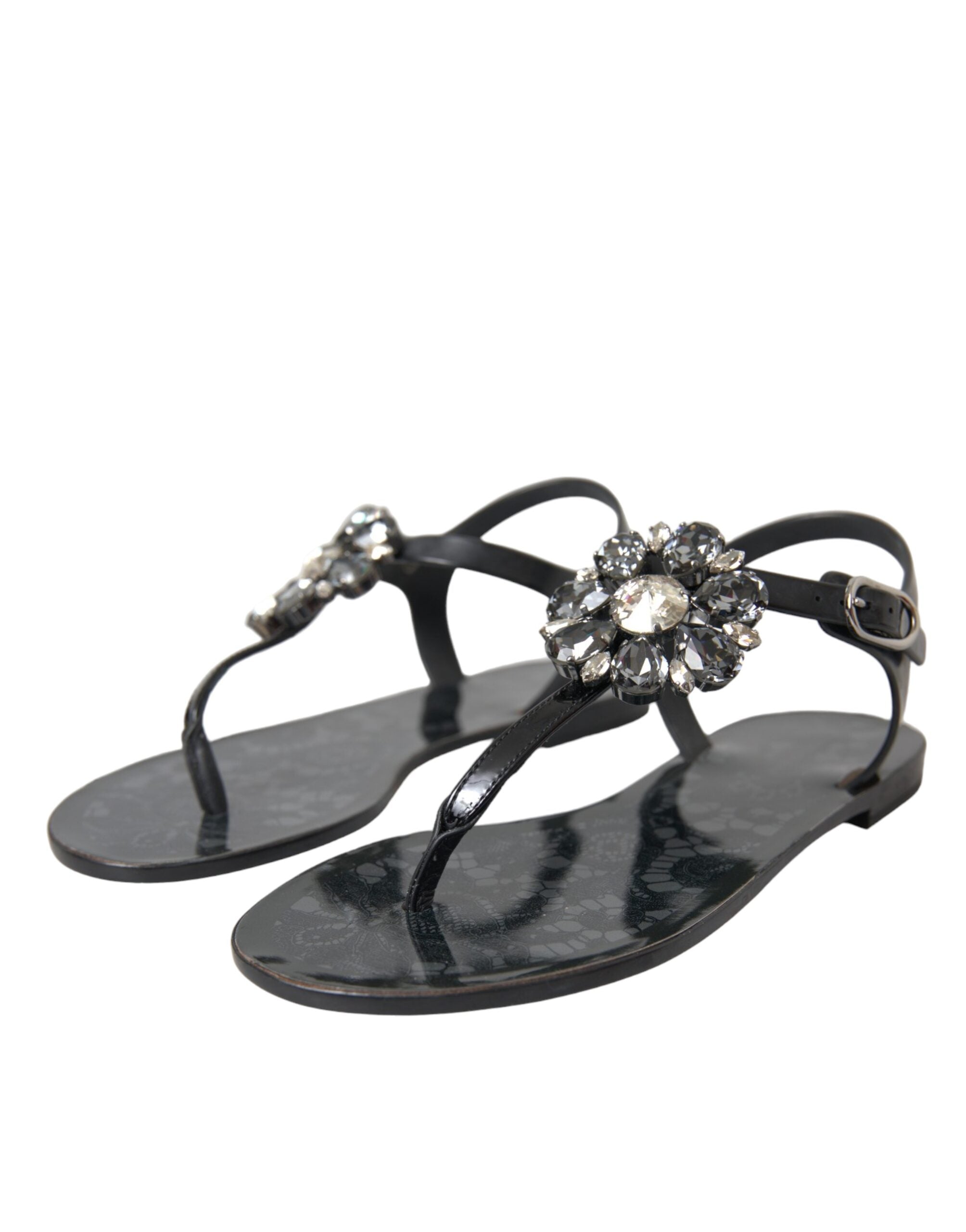 Dolce &amp; Gabbana Schwarze Kristall-Flache Sandalen Flip-Flops Schuhe