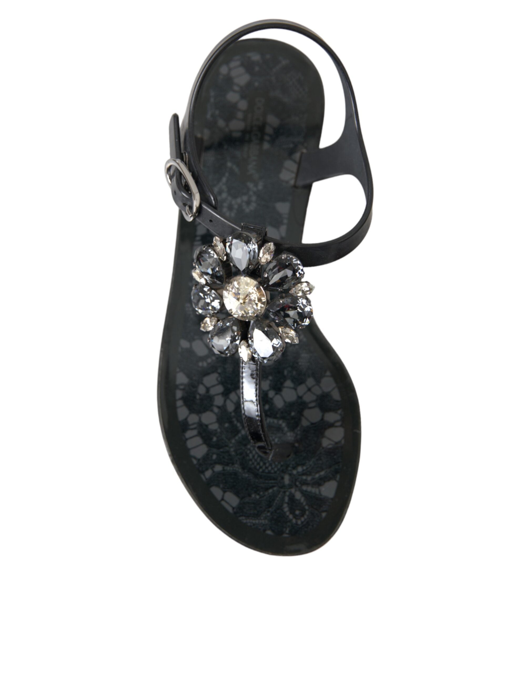 Dolce &amp; Gabbana Schwarze Kristall-Flache Sandalen Flip-Flops Schuhe