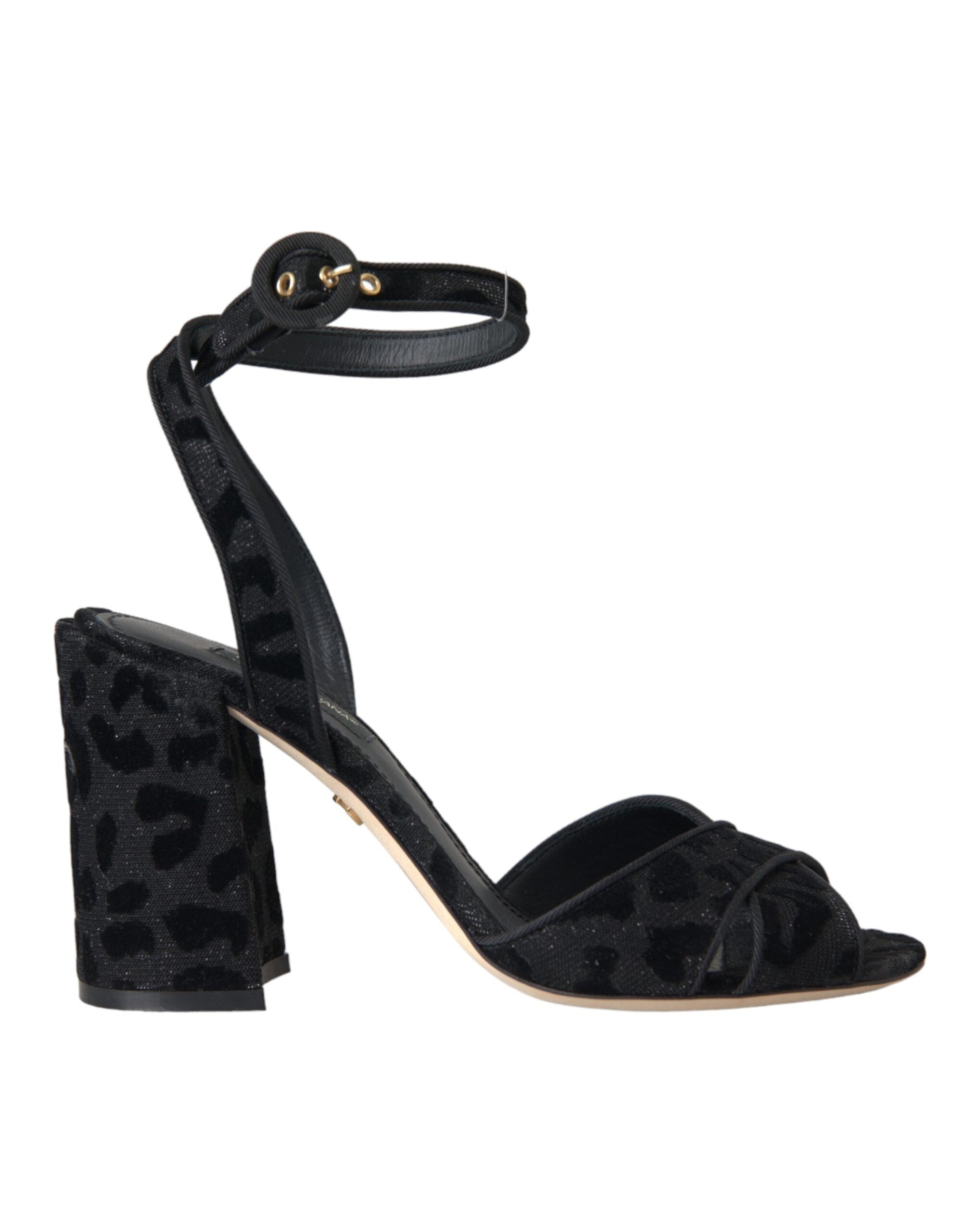 Dolce &amp; Gabbana Schwarze Sandalen aus Wildleder mit Leopardenmuster