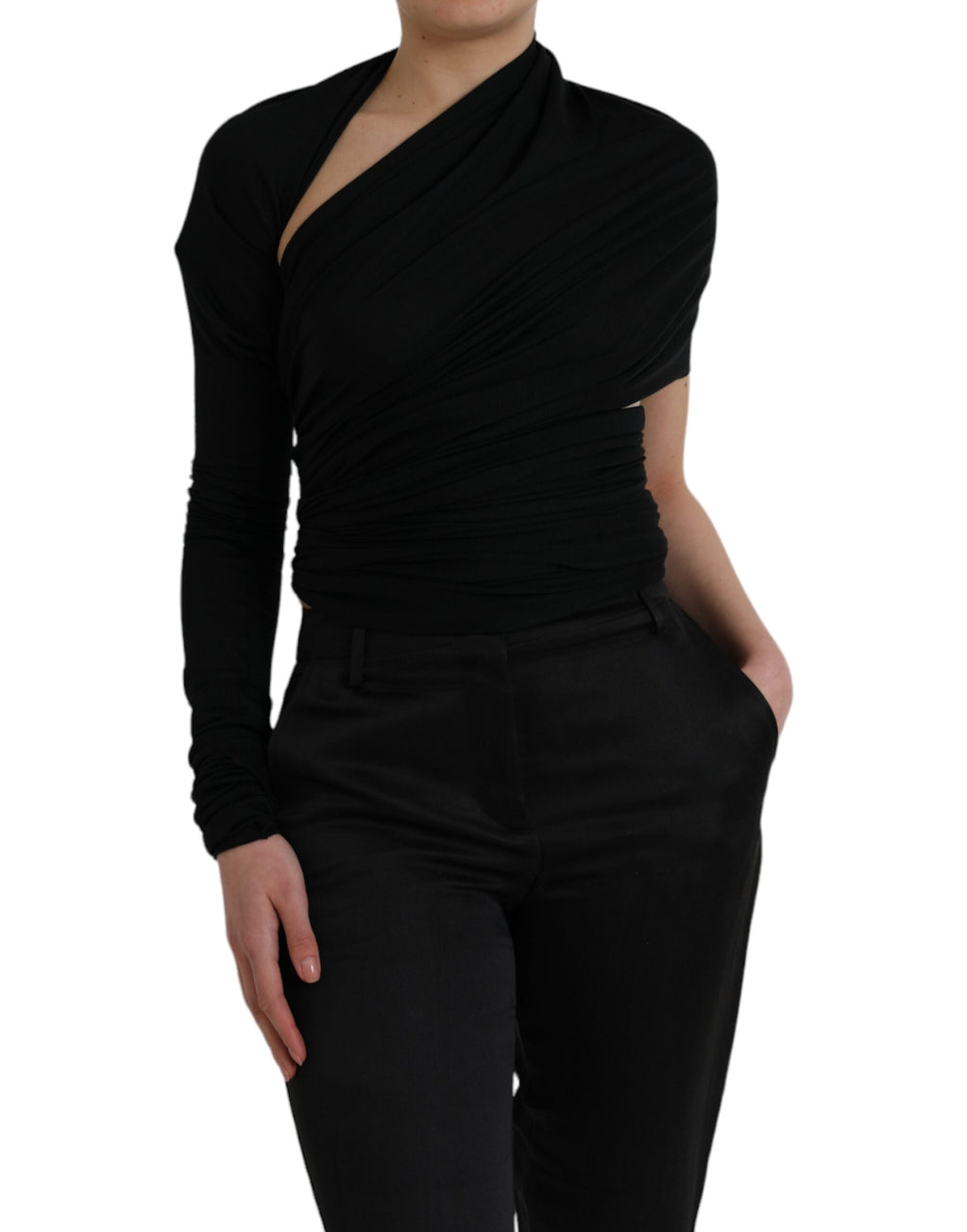 Dolce &amp; Gabbana – Asymmetrisches Langarm-Top aus schwarzer Wolle mit Cut-outs