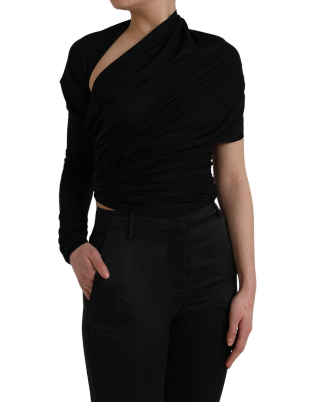 Dolce &amp; Gabbana – Asymmetrisches Langarm-Top aus schwarzer Wolle mit Cut-outs