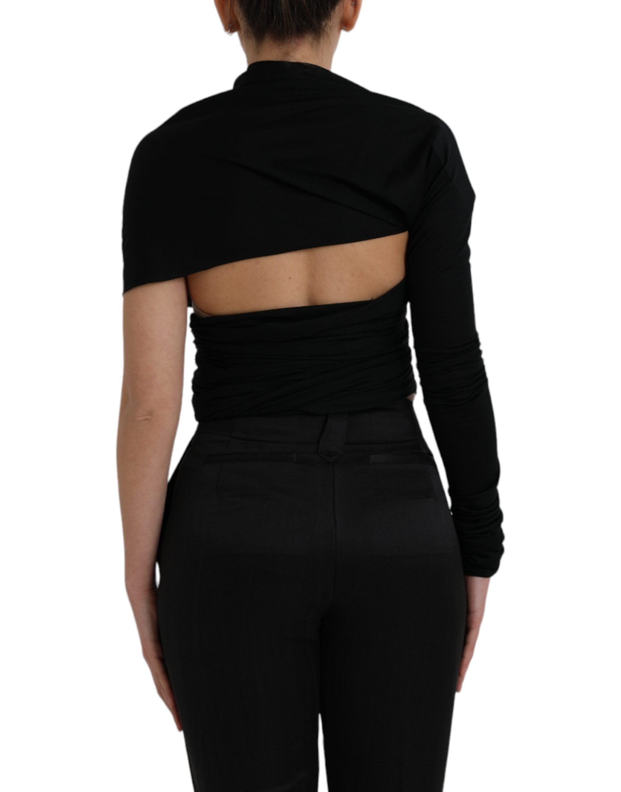 Dolce &amp; Gabbana – Asymmetrisches Langarm-Top aus schwarzer Wolle mit Cut-outs
