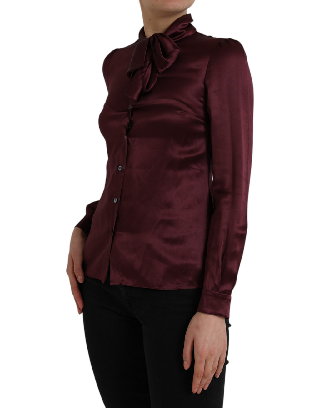 Dolce &amp; Gabbana – Kastanienbraune Bluse mit Ascot-Kragen und langen Ärmeln