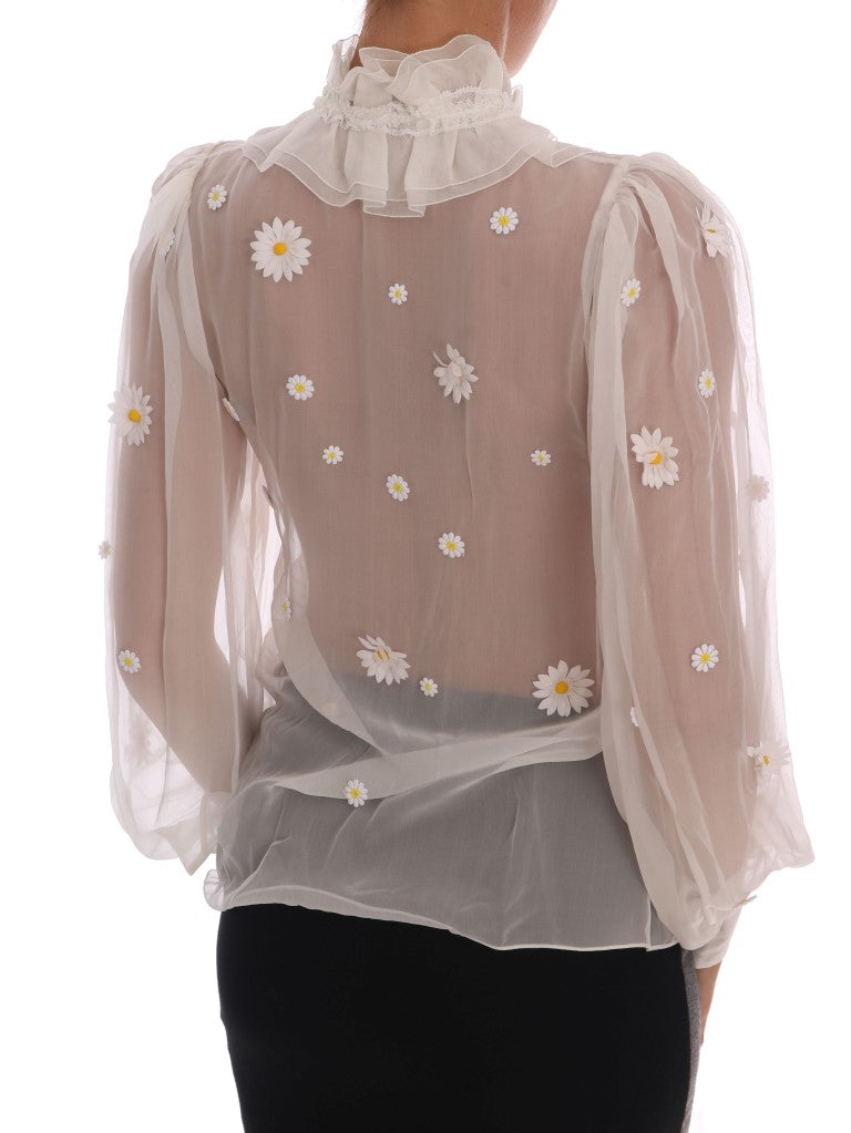 Dolce &amp; Gabbana Elegante weiße Seidenbluse mit Gänseblümchenmuster