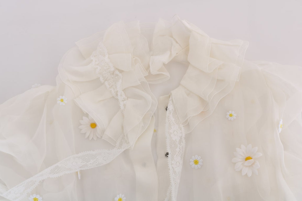 Dolce &amp; Gabbana Elegante weiße Seidenbluse mit Gänseblümchenmuster