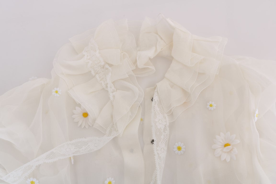 Dolce &amp; Gabbana Elegante weiße Seidenbluse mit Gänseblümchenmuster